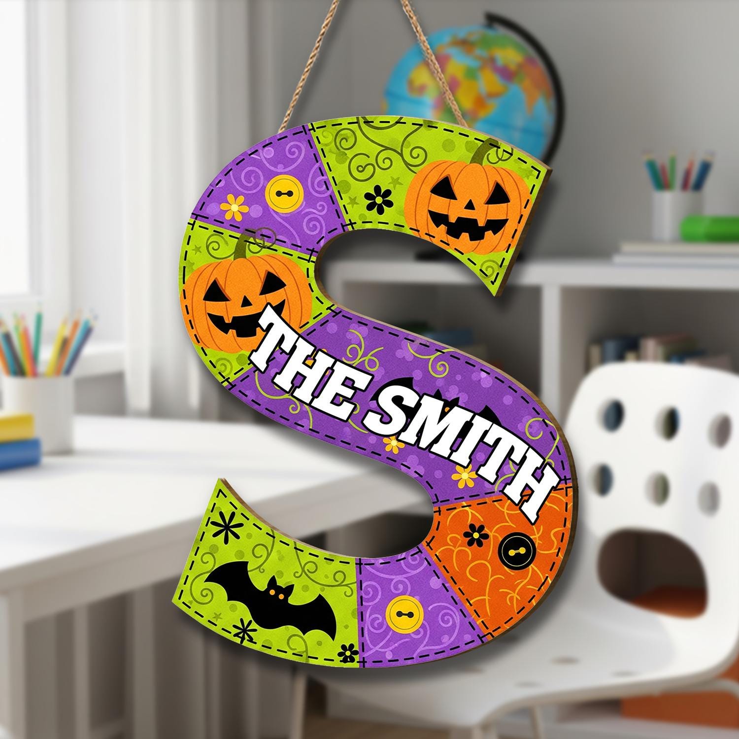 Custom Halloween Door Hanger | Personalized Letter & Name Sign | Spooky Pumpkin Bat Decor | Fall Front Door Monogram Wreath, Fall Gift