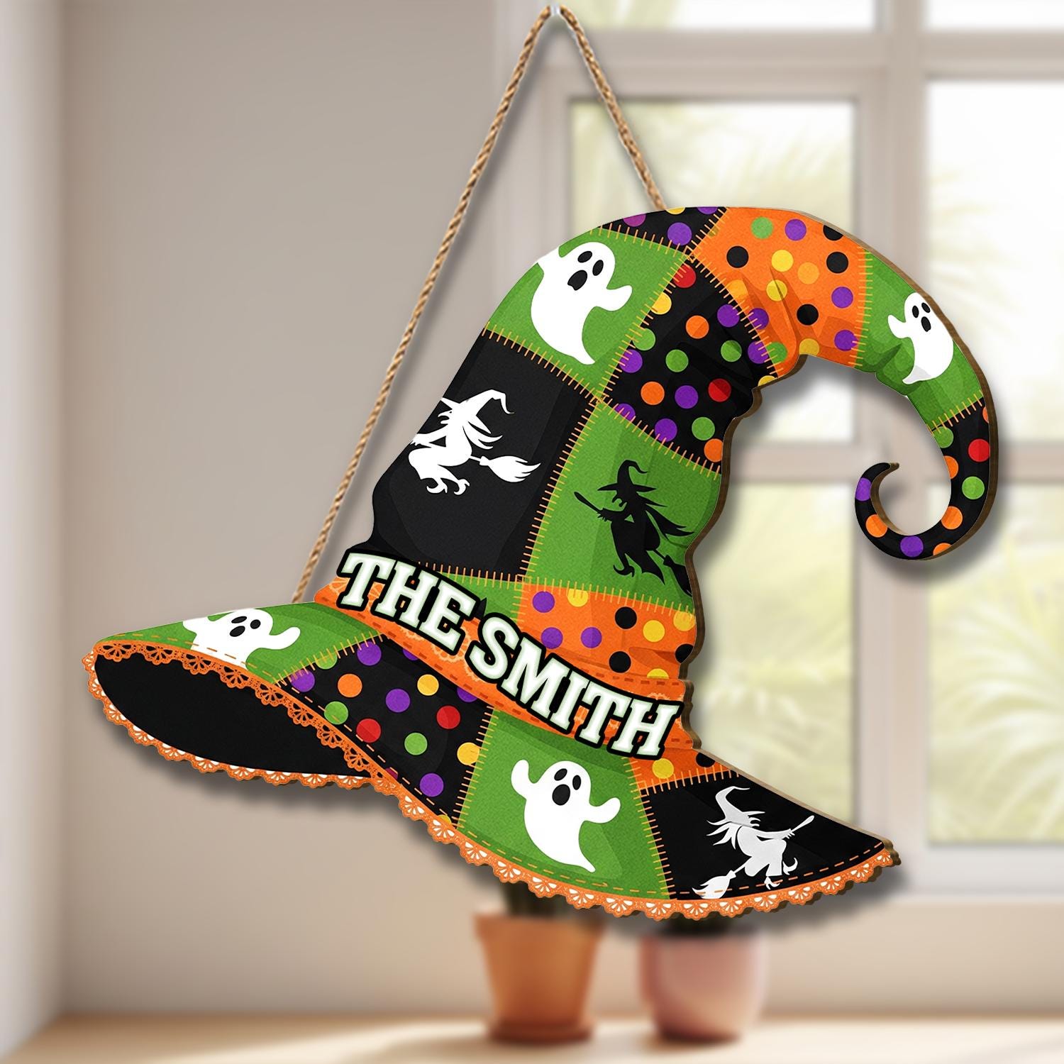 Custom Witch Hat Door Hanger, Halloween Personalized Name Sign, Ghost Witch Decor, Spooky Fall Front Door Decoration , Custom Gift Halloween