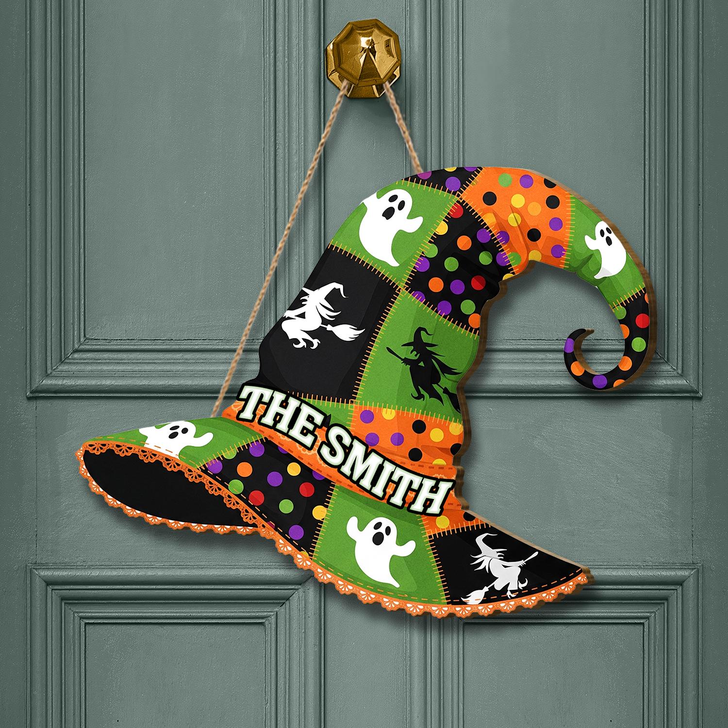 Custom Witch Hat Door Hanger, Halloween Personalized Name Sign, Ghost Witch Decor, Spooky Fall Front Door Decoration , Custom Gift Halloween