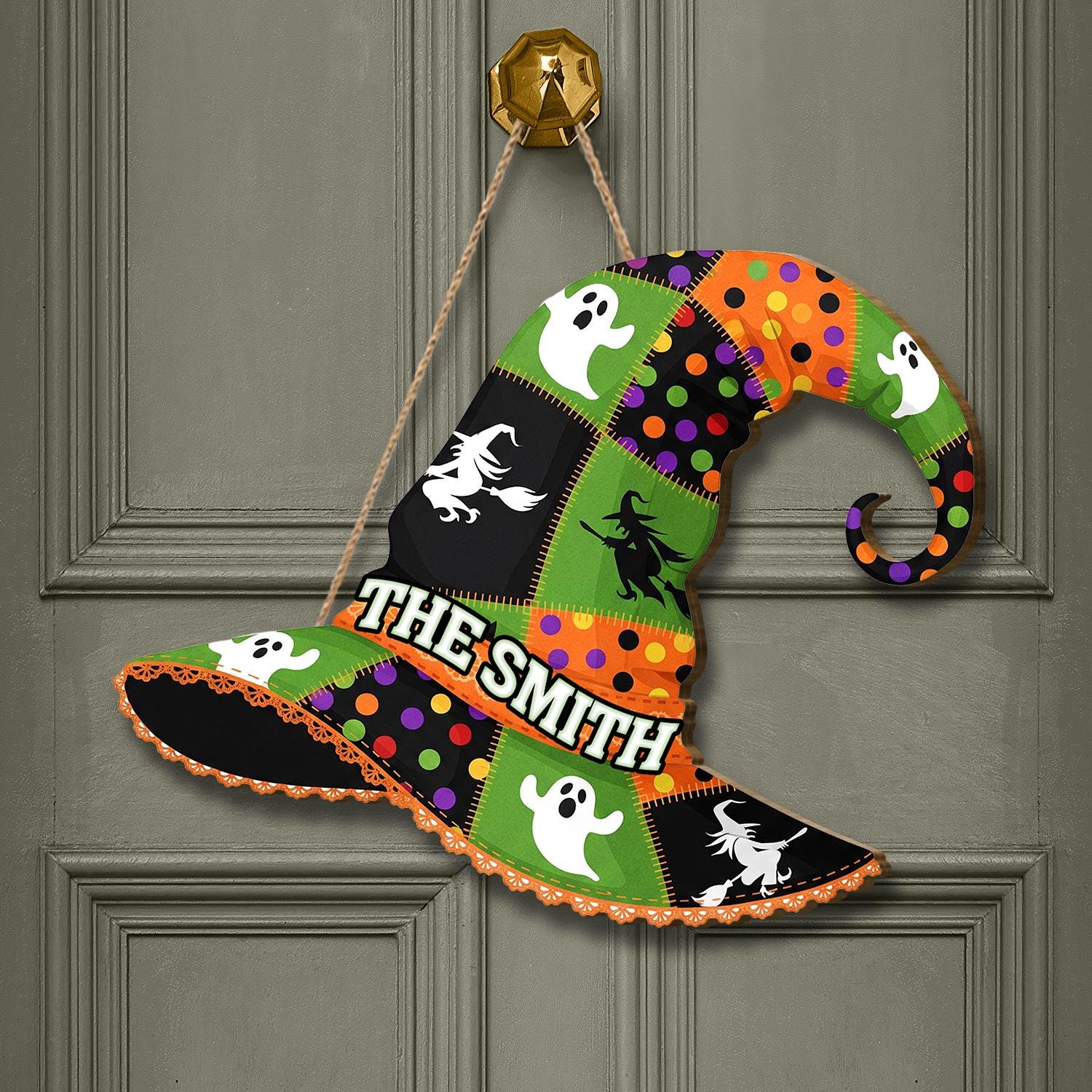 Custom Witch Hat Door Hanger, Halloween Personalized Name Sign, Ghost Witch Decor, Spooky Fall Front Door Decoration , Custom Gift Halloween