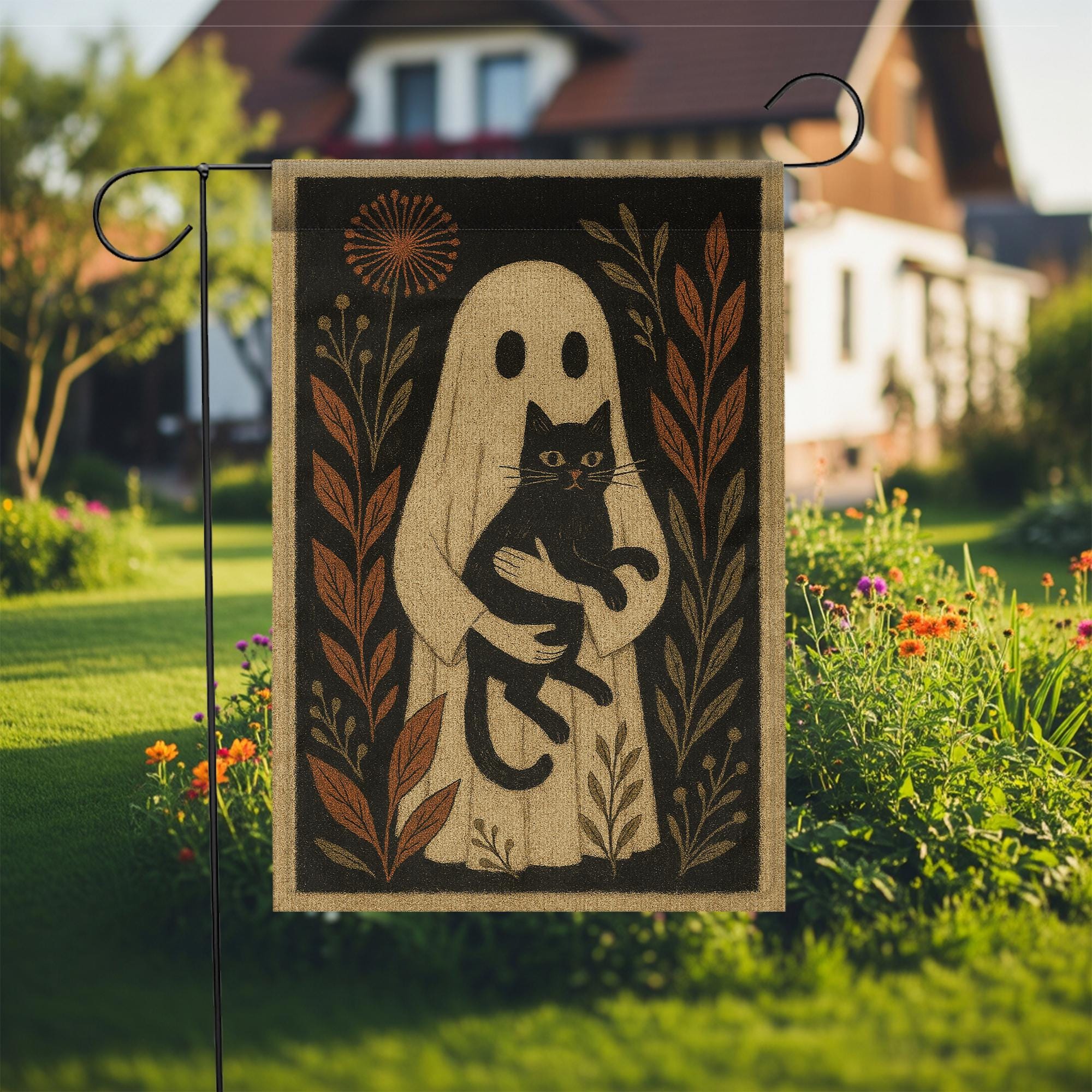 Ghost and Black Cat Garden Flag – Spooky Fall Yard Decor for Halloween, Witchy Cottagecore Outdoor Decoration