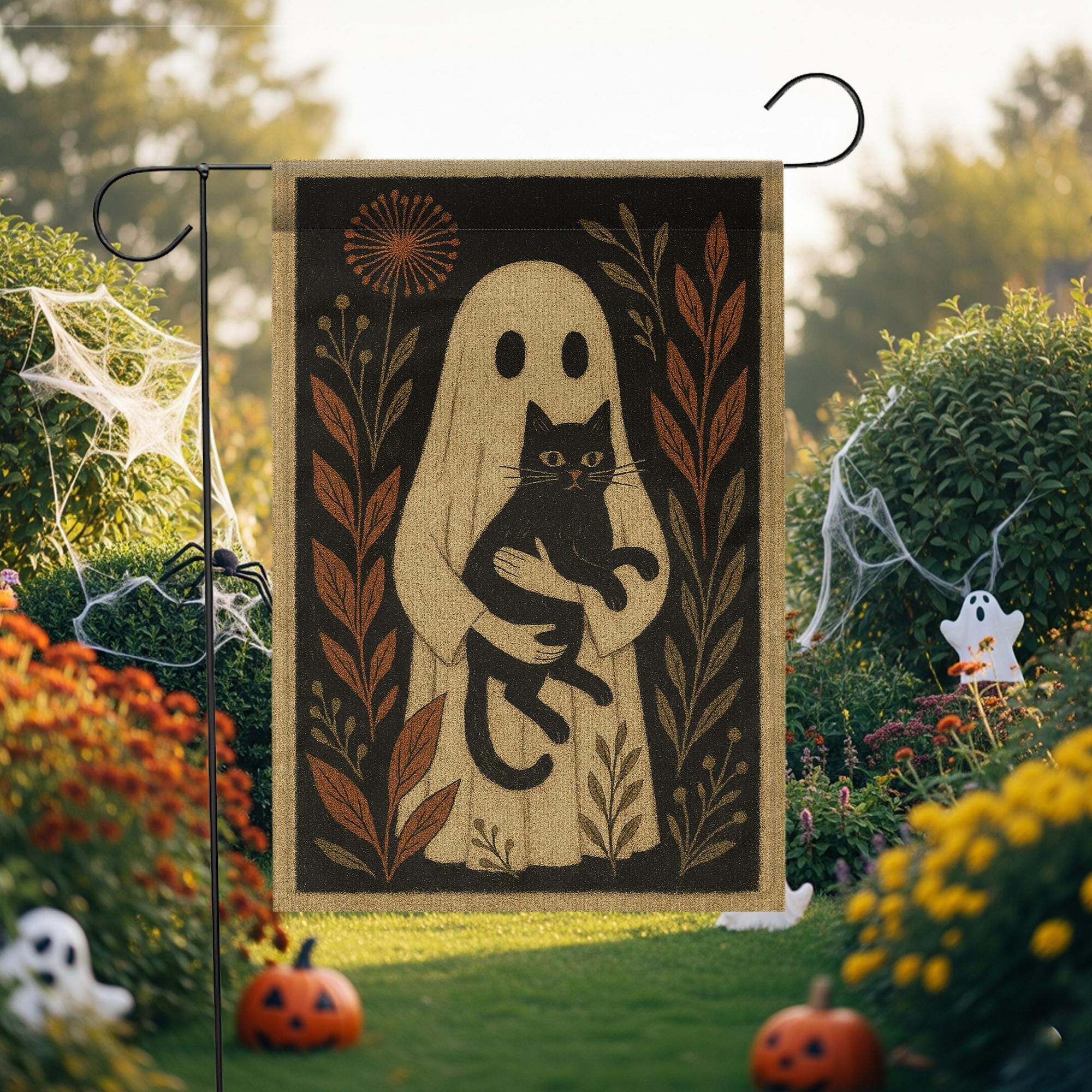 Ghost and Black Cat Garden Flag – Spooky Fall Yard Decor for Halloween, Witchy Cottagecore Outdoor Decoration