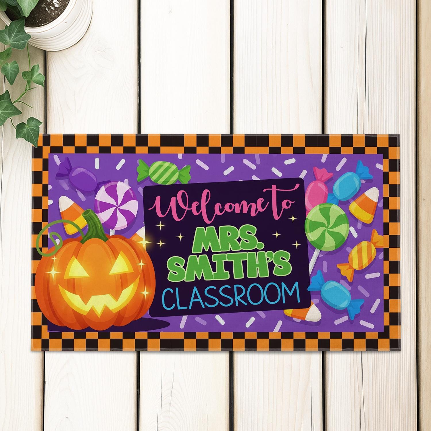 Personalized Halloween Classroom Doormat | Custom Teacher Welcome Mat | Pumpkin Candy Decor | Fall School Entry Rug for Classroom, School