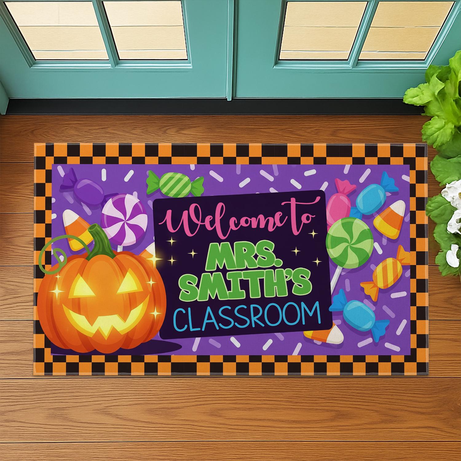 Personalized Halloween Classroom Doormat | Custom Teacher Welcome Mat | Pumpkin Candy Decor | Fall School Entry Rug for Classroom, School