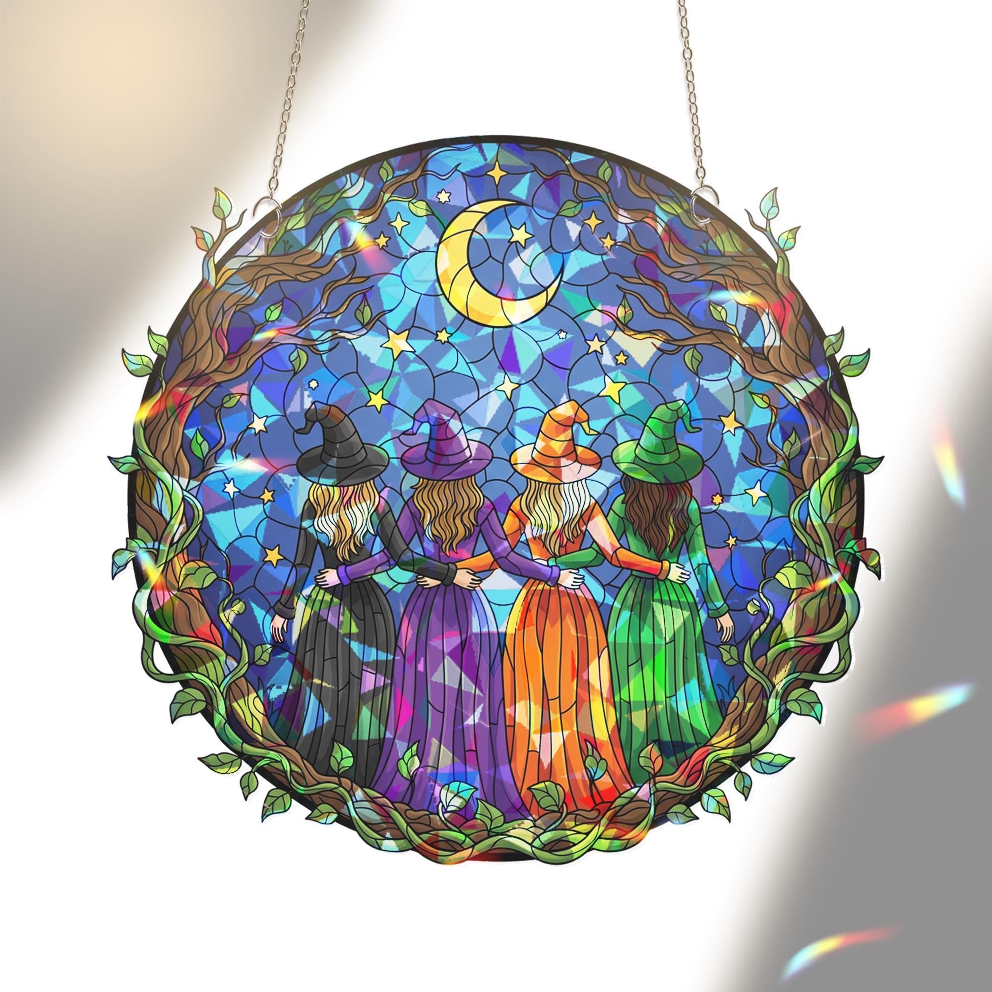 Acrylic Witch Sisters Suncatcher, Halloween Window Hanging Decor, Celestial Moon Stars Gift, Wiccan Witchy Room Decoration, Fall Home Decor