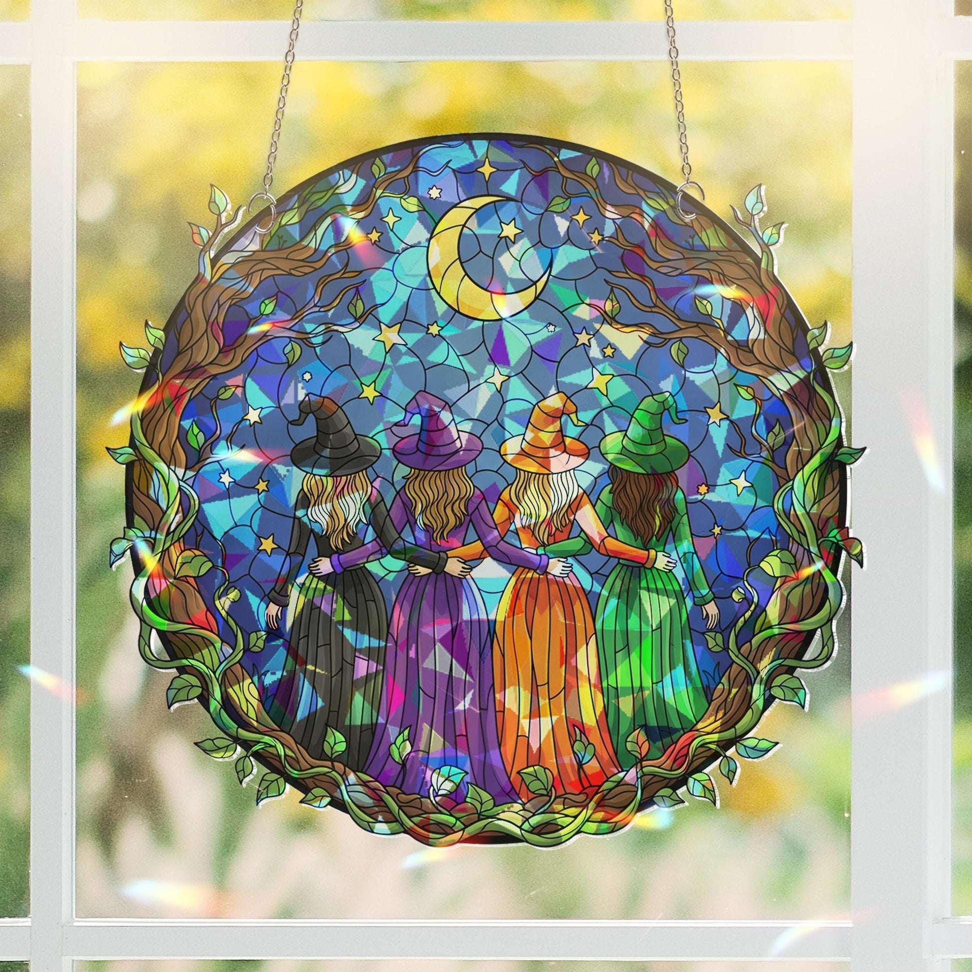 Acrylic Witch Sisters Suncatcher, Halloween Window Hanging Decor, Celestial Moon Stars Gift, Wiccan Witchy Room Decoration, Fall Home Decor