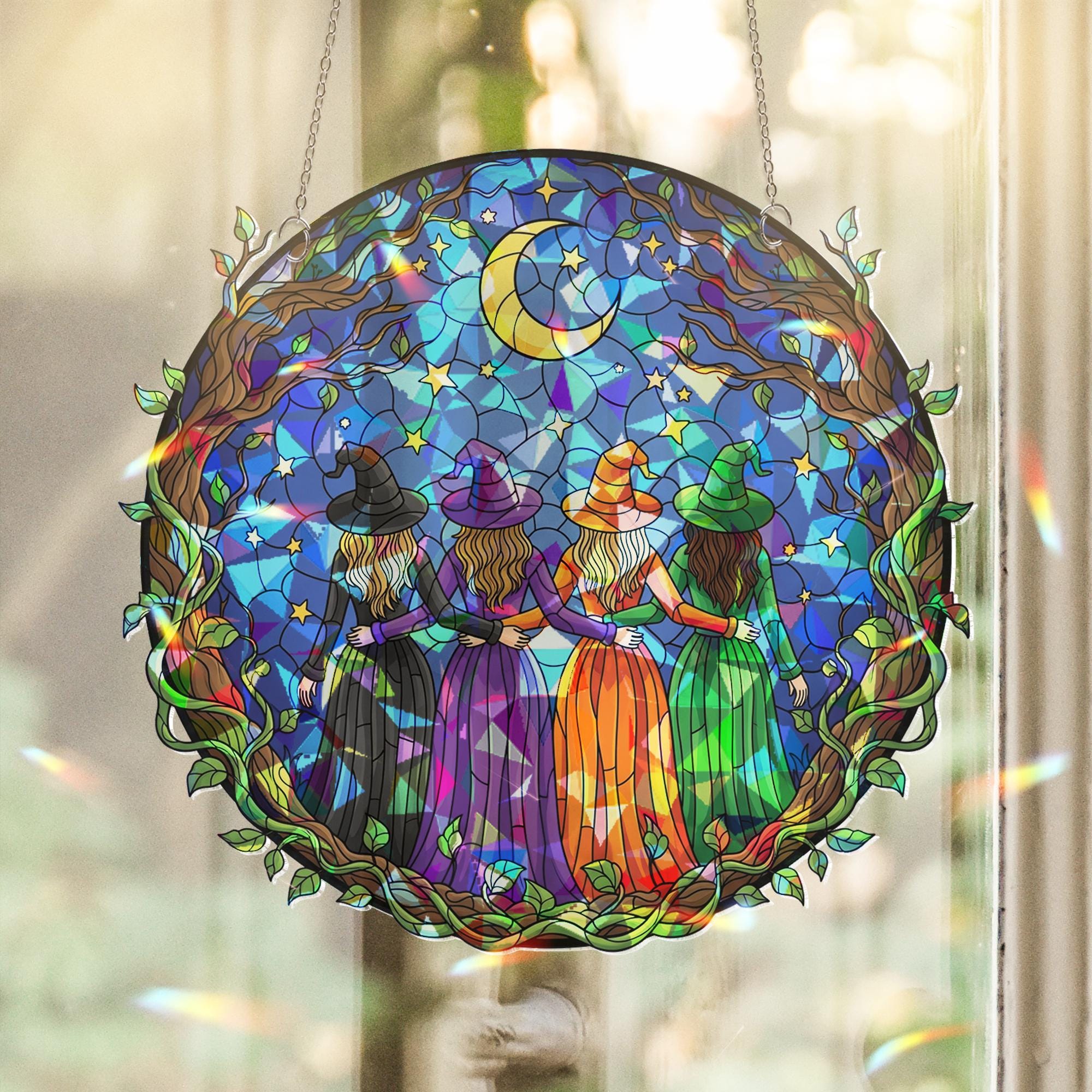 Acrylic Witch Sisters Suncatcher, Halloween Window Hanging Decor, Celestial Moon Stars Gift, Wiccan Witchy Room Decoration, Fall Home Decor