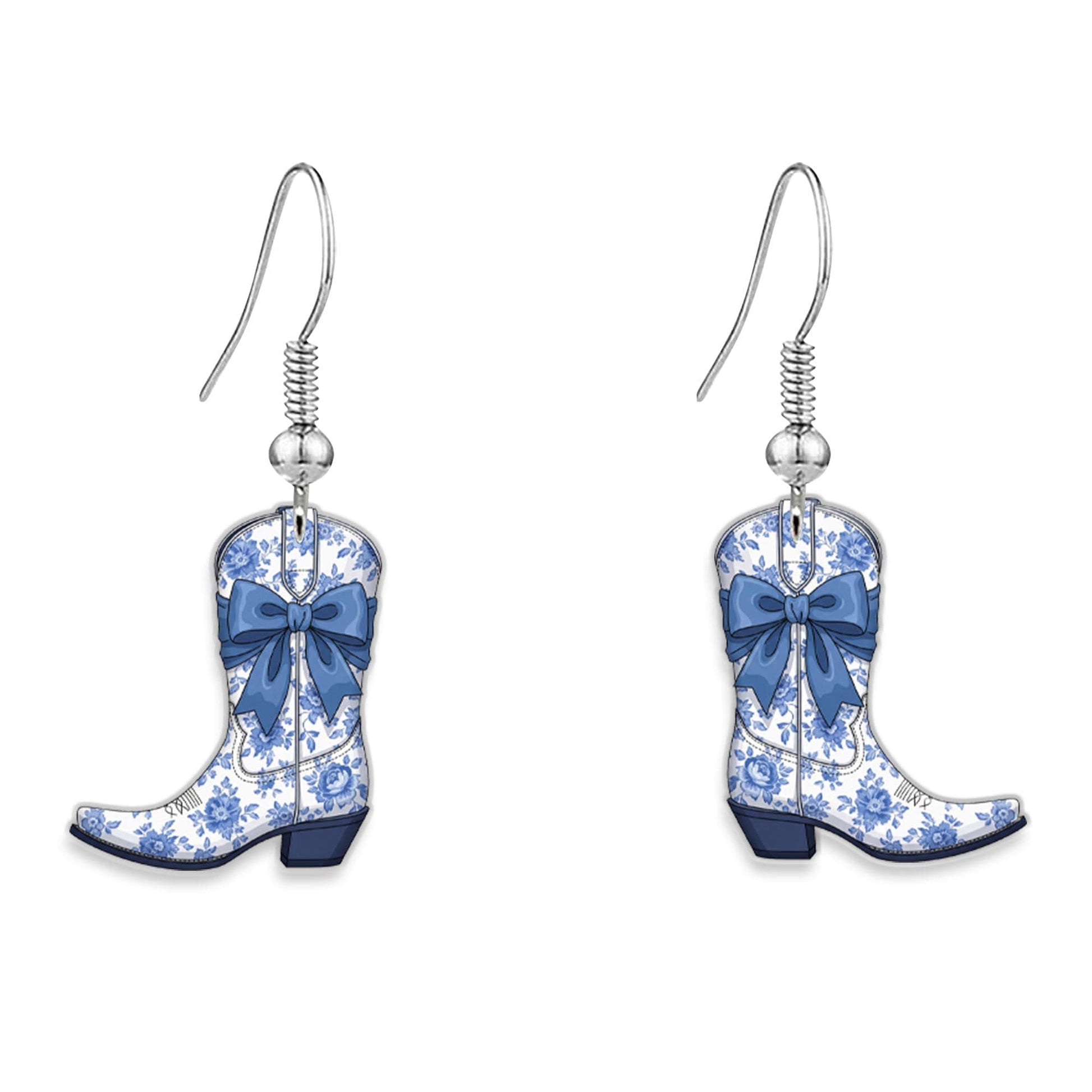 Chinoiserie Cowgirl Boot Earrings, Blue Floral Western Earrings, Elegant Country Jewelry, Rodeo Gift for Her, Dangle Statement Earrings
