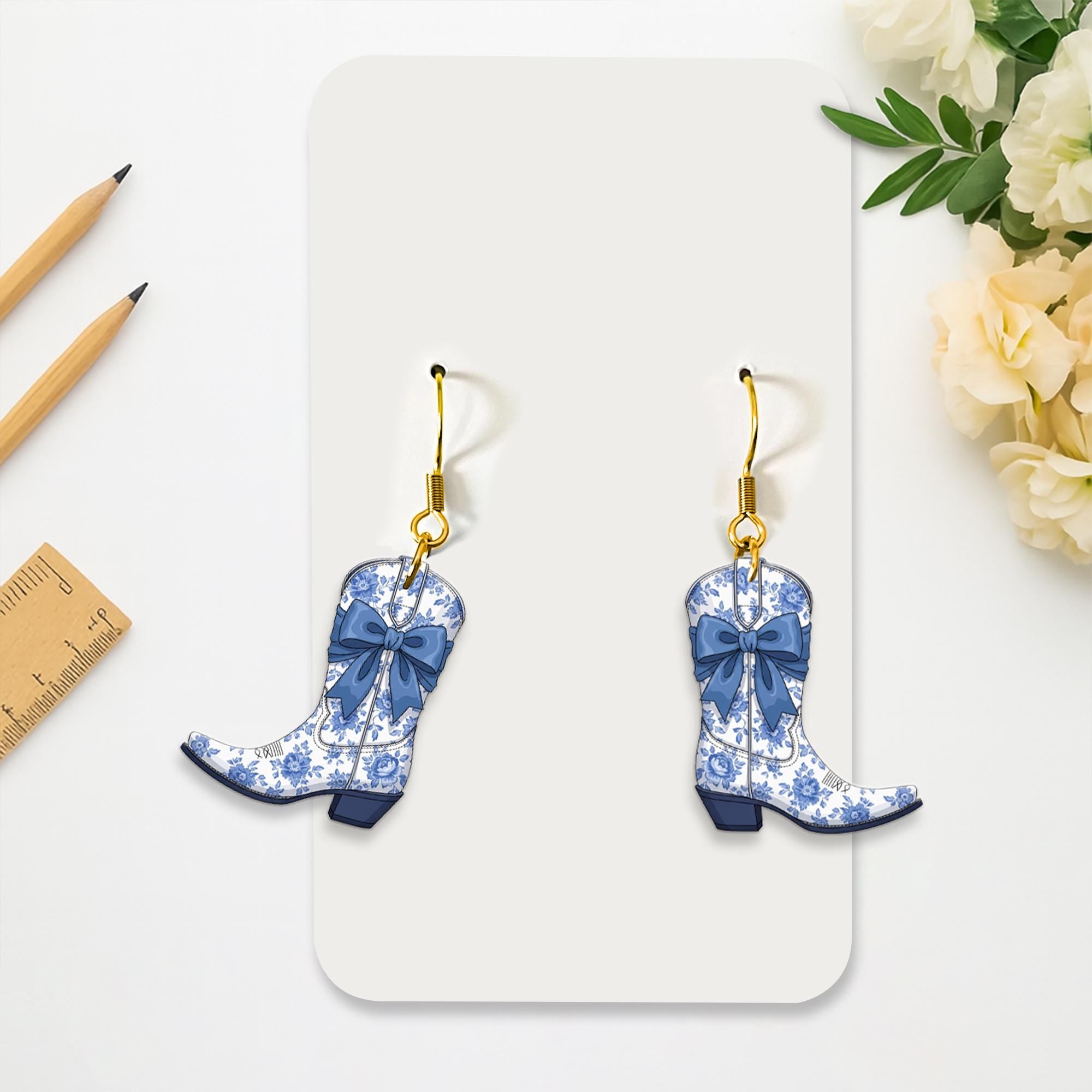 Chinoiserie Cowgirl Boot Earrings, Blue Floral Western Earrings, Elegant Country Jewelry, Rodeo Gift for Her, Dangle Statement Earrings