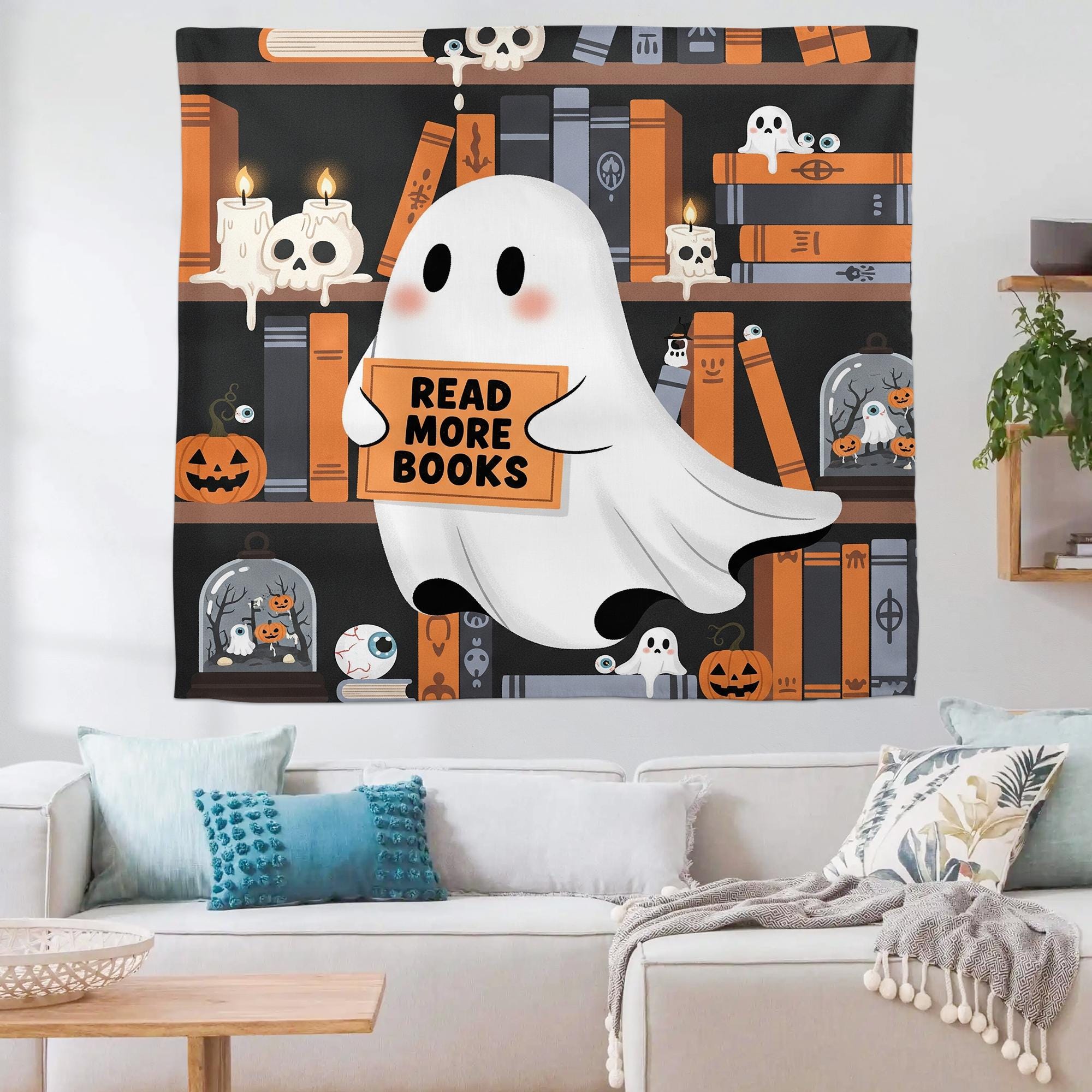 Cute Ghost Read More Books Tapestry, Halloween Wall Decor, Spooky Bookish Wall Hanging, Ghost Library Art for Bedroom or Dorm, Home Decor