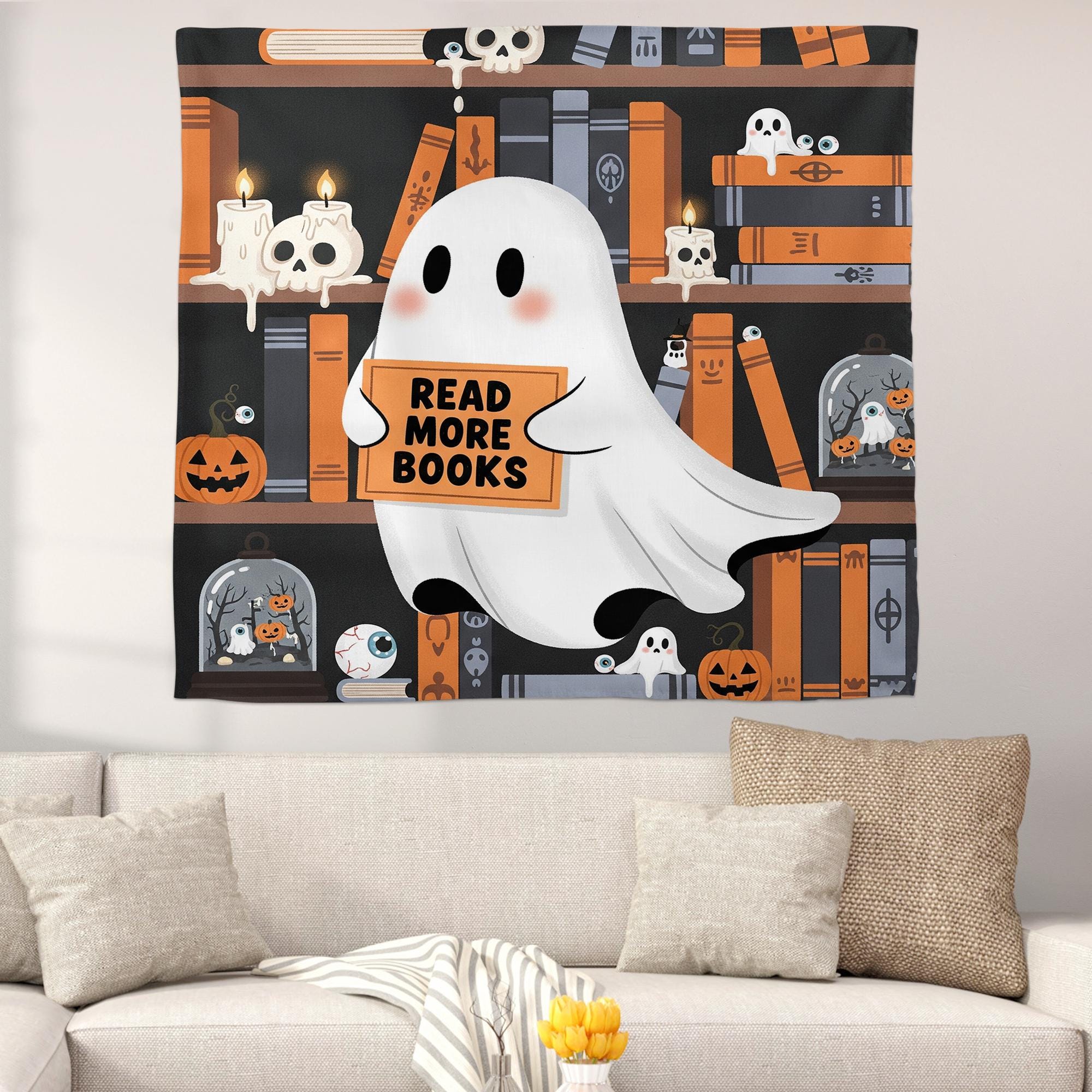 Cute Ghost Read More Books Tapestry, Halloween Wall Decor, Spooky Bookish Wall Hanging, Ghost Library Art for Bedroom or Dorm, Home Decor