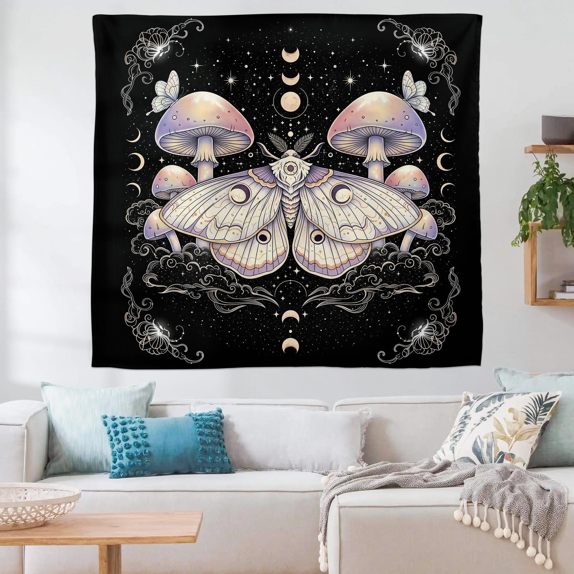 Celestial Moth and Mushroom Tapestry, Boho Moon Phase Wall Hanging, Mystical Forest Wall Art, Witchy Room Decor for Bedroom or Dorm
