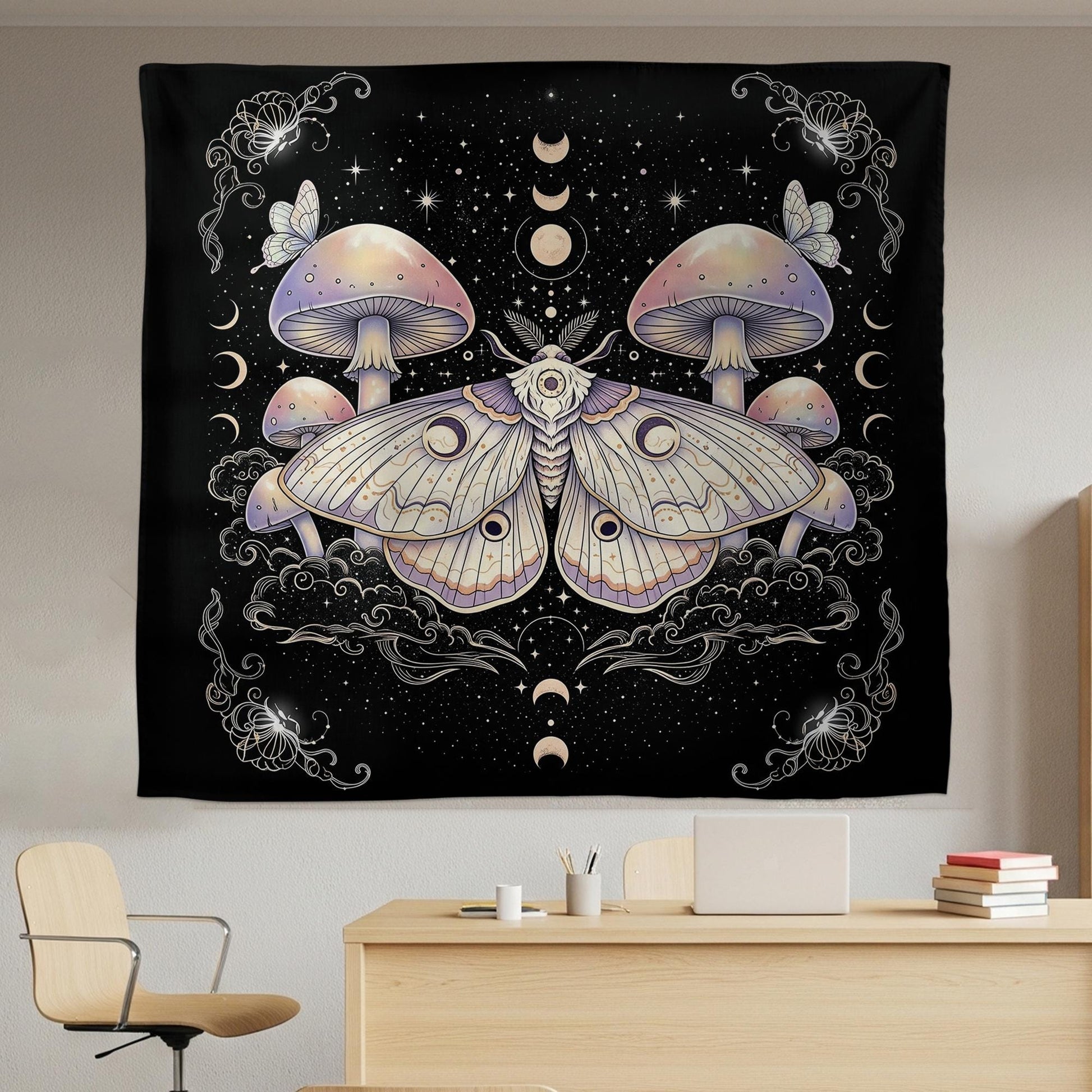 Celestial Moth and Mushroom Tapestry, Boho Moon Phase Wall Hanging, Mystical Forest Wall Art, Witchy Room Decor for Bedroom or Dorm