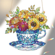 Chinoiserie Acrylic Teacup Suncatcher, Floral Window Hanging Decor, Sunflower Garden Art, Cottagecore Gift for Kitchen or Porch, Cute Gift