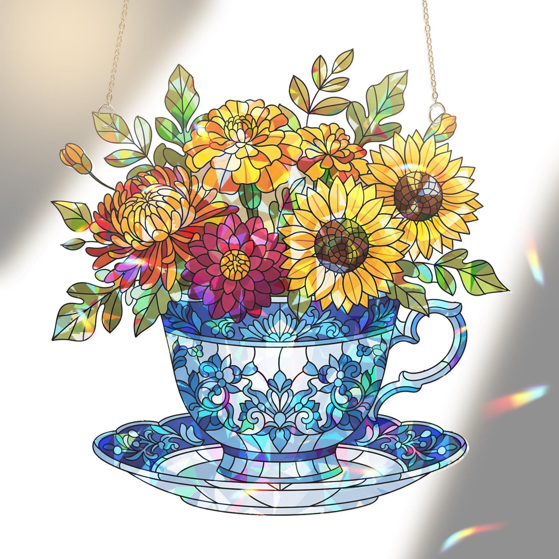 Chinoiserie Acrylic Teacup Suncatcher, Floral Window Hanging Decor, Sunflower Garden Art, Cottagecore Gift for Kitchen or Porch, Cute Gift
