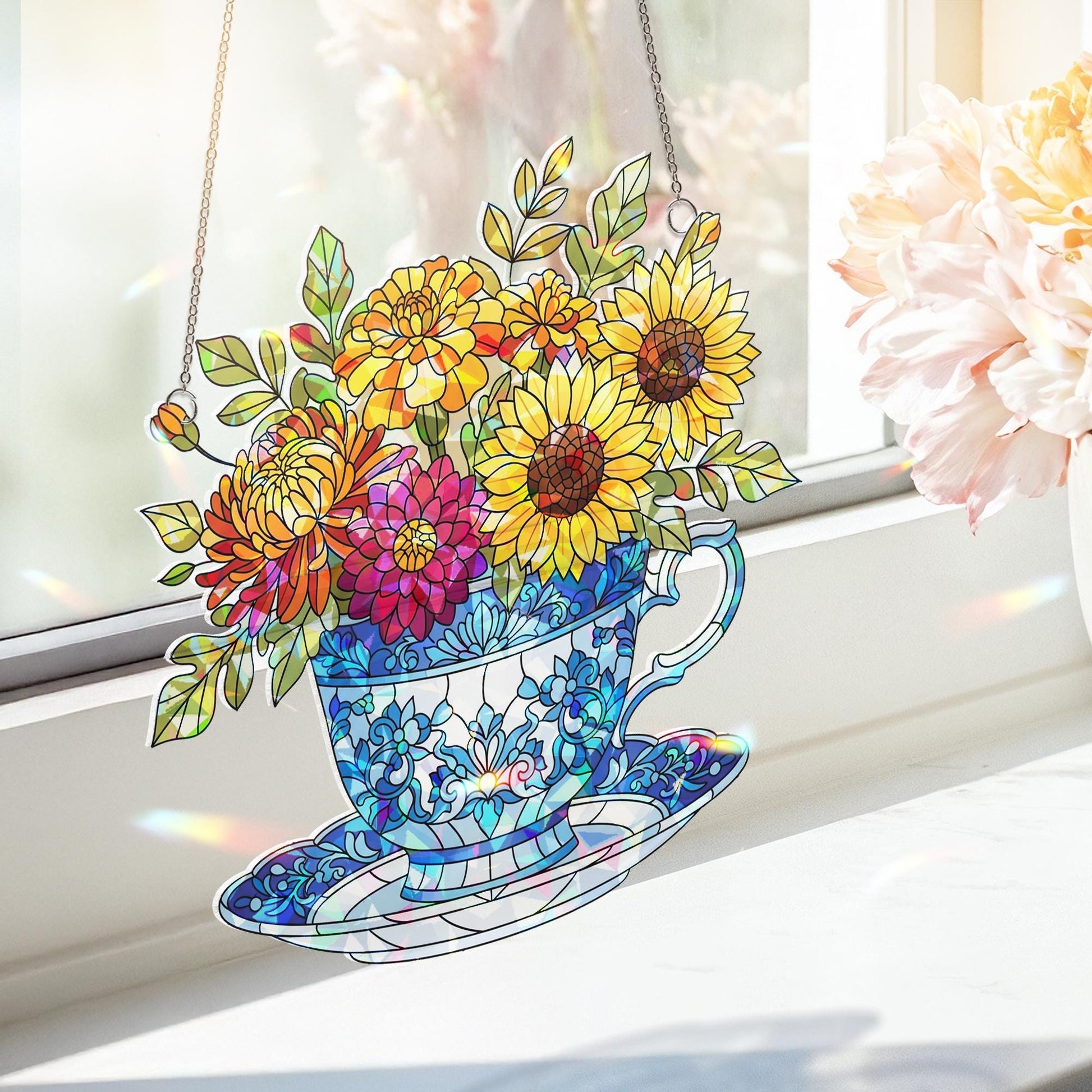 Chinoiserie Acrylic Teacup Suncatcher, Floral Window Hanging Decor, Sunflower Garden Art, Cottagecore Gift for Kitchen or Porch, Cute Gift