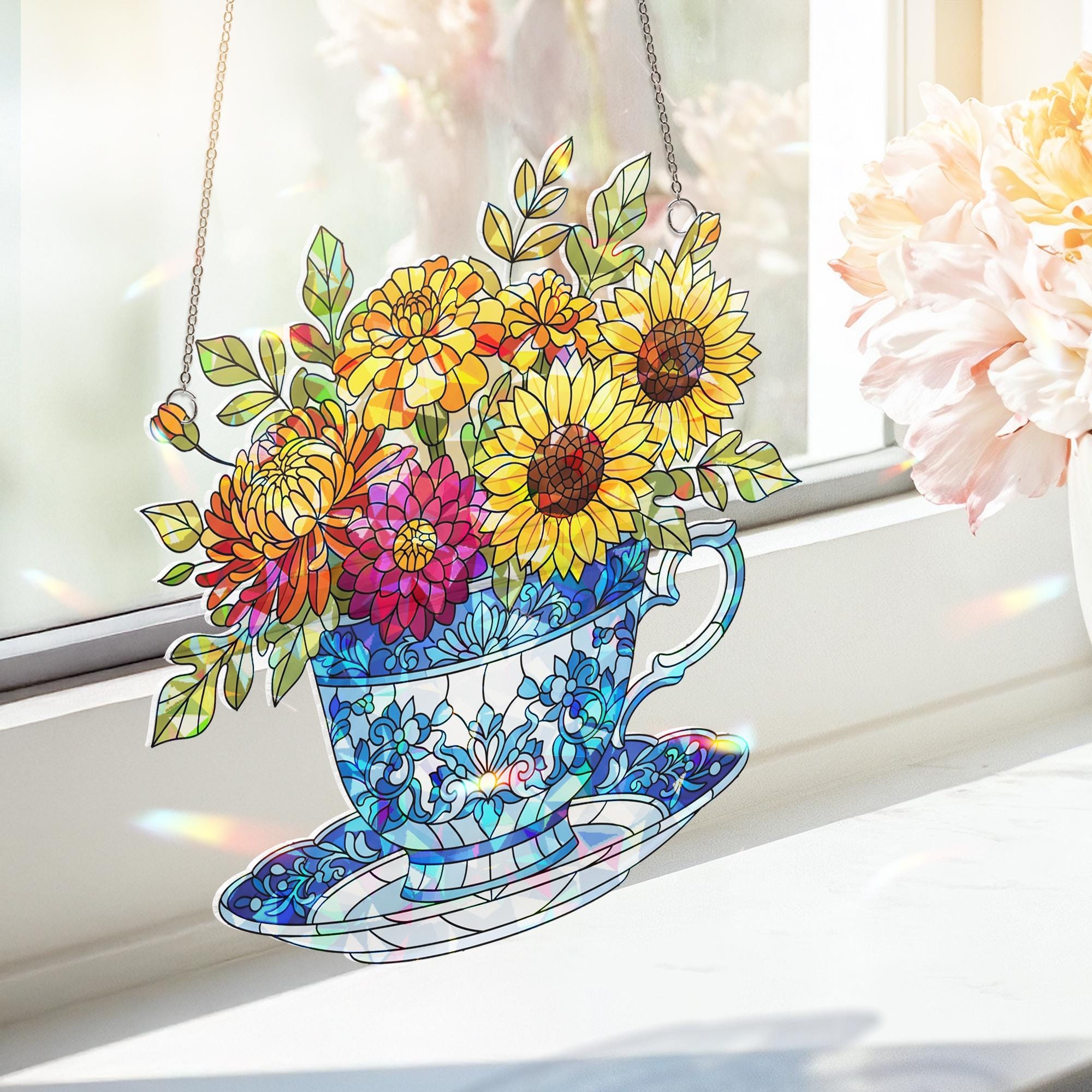 Chinoiserie Acrylic Teacup Suncatcher, Floral Window Hanging Decor, Sunflower Garden Art, Cottagecore Gift for Kitchen or Porch, Cute Gift