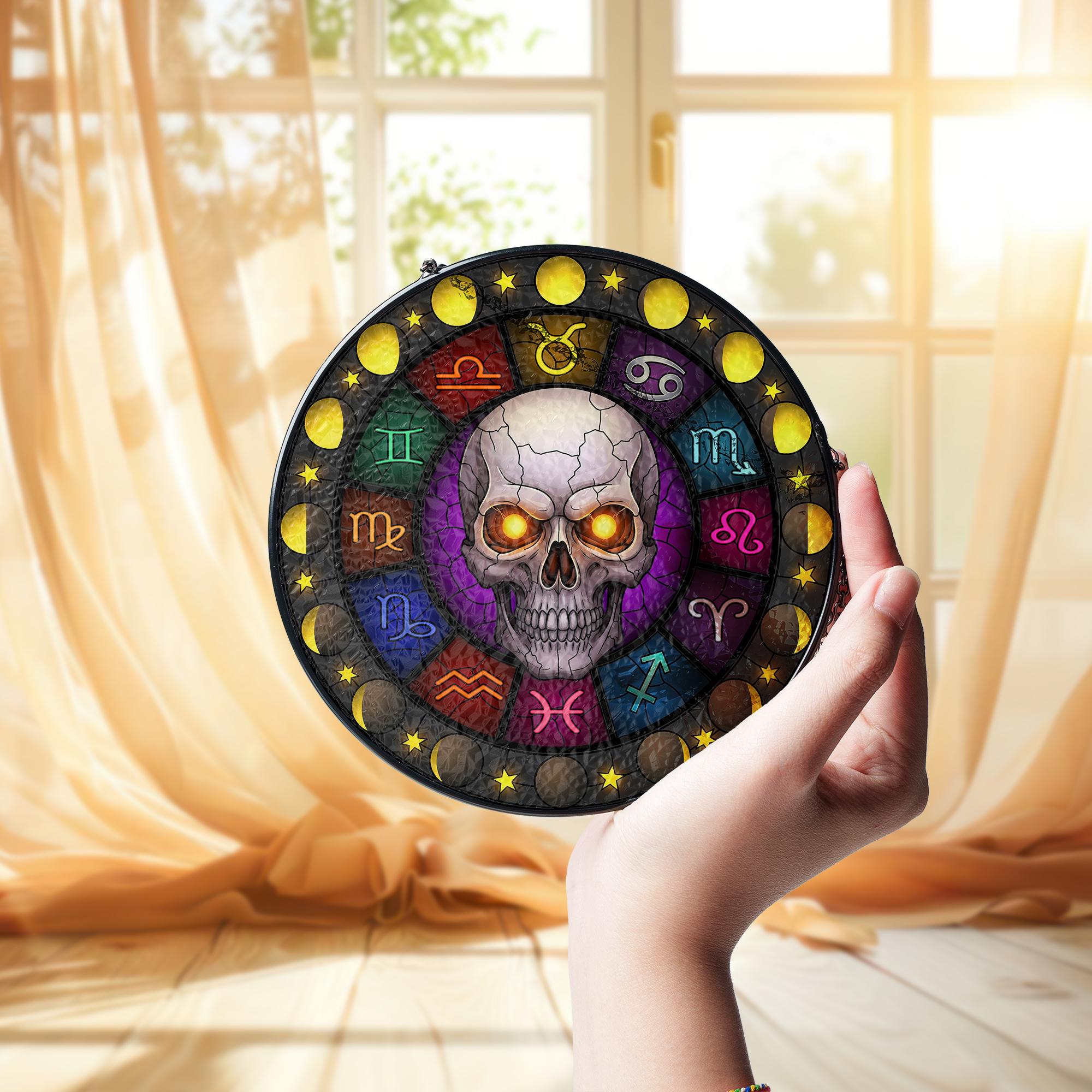 Gothic Zodiac Skull Suncatcher – Stained Glass Window Hanging with Astrology Signs & Moon Phases – Occult Witchy Decor for Spiritual Home