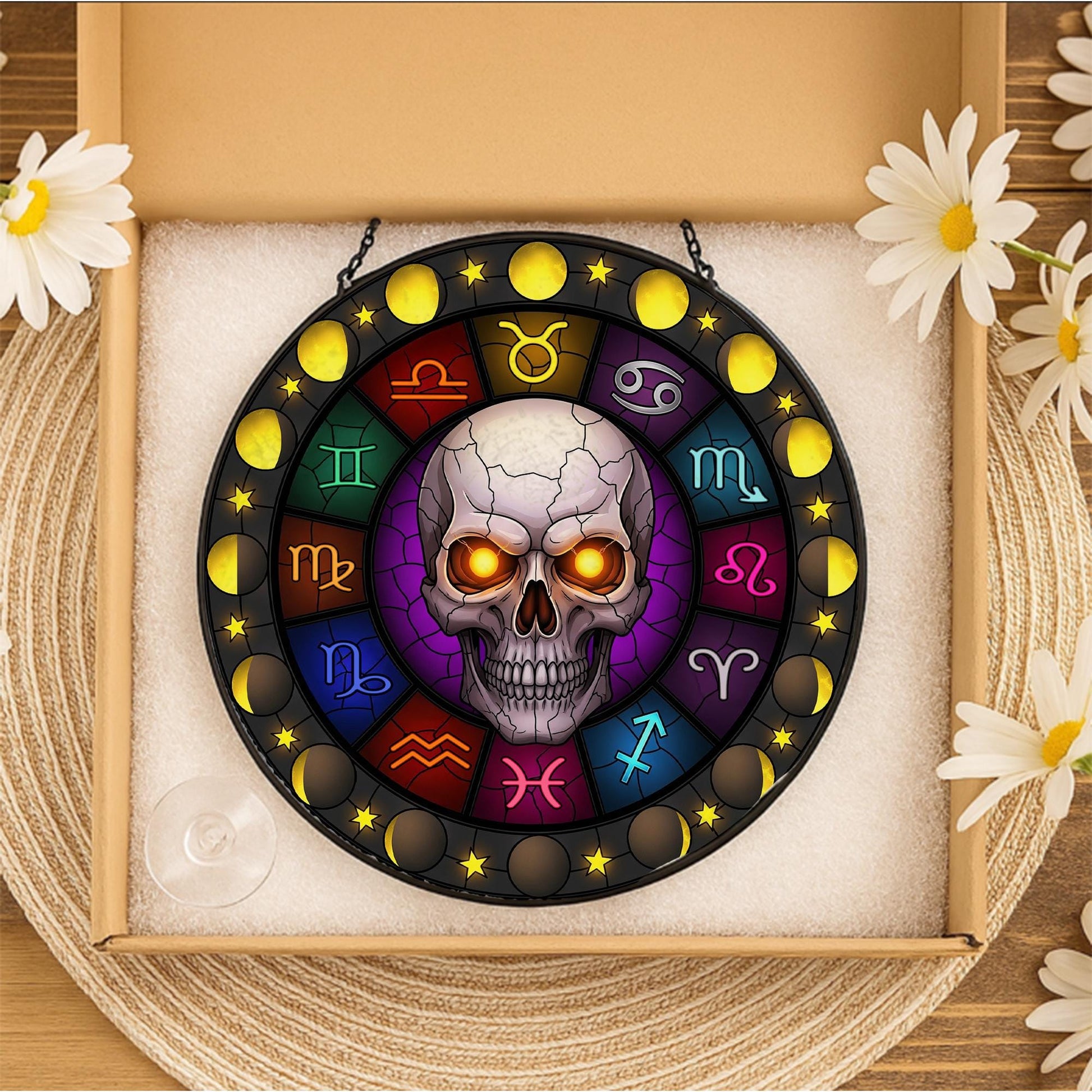 Gothic Zodiac Skull Suncatcher – Stained Glass Window Hanging with Astrology Signs & Moon Phases – Occult Witchy Decor for Spiritual Home