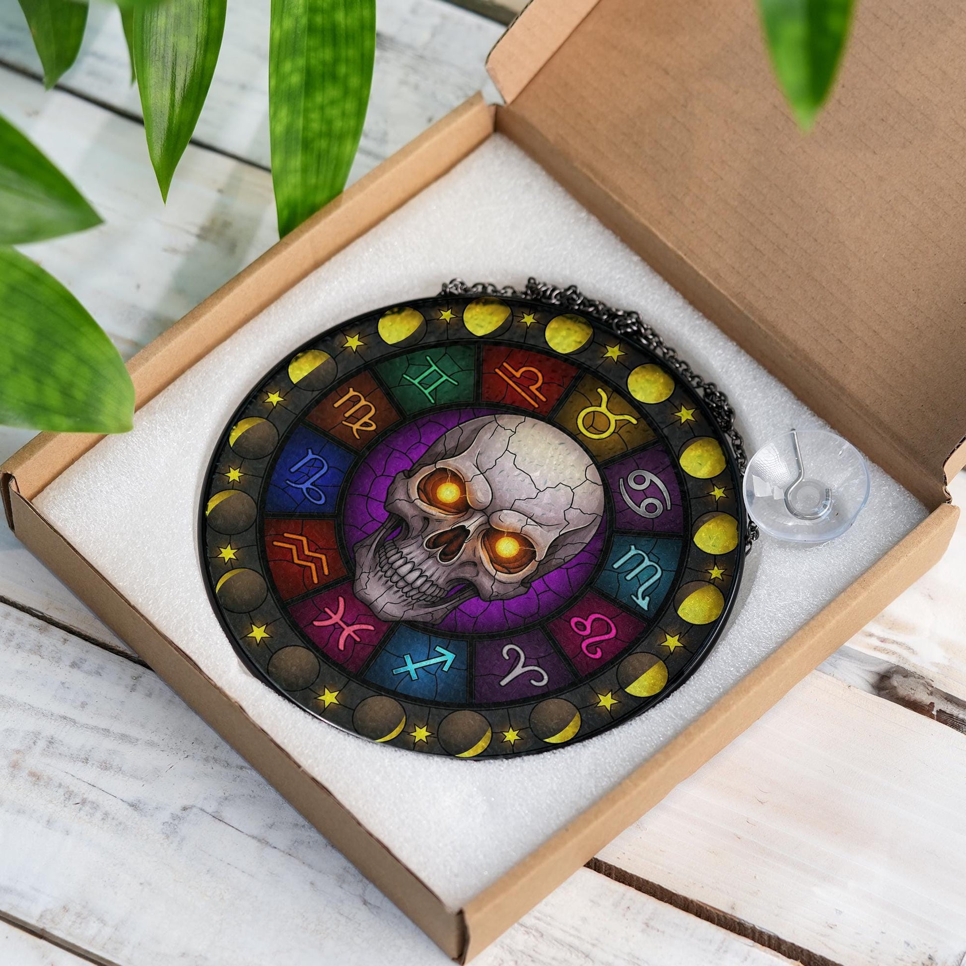 Gothic Zodiac Skull Suncatcher – Stained Glass Window Hanging with Astrology Signs & Moon Phases – Occult Witchy Decor for Spiritual Home