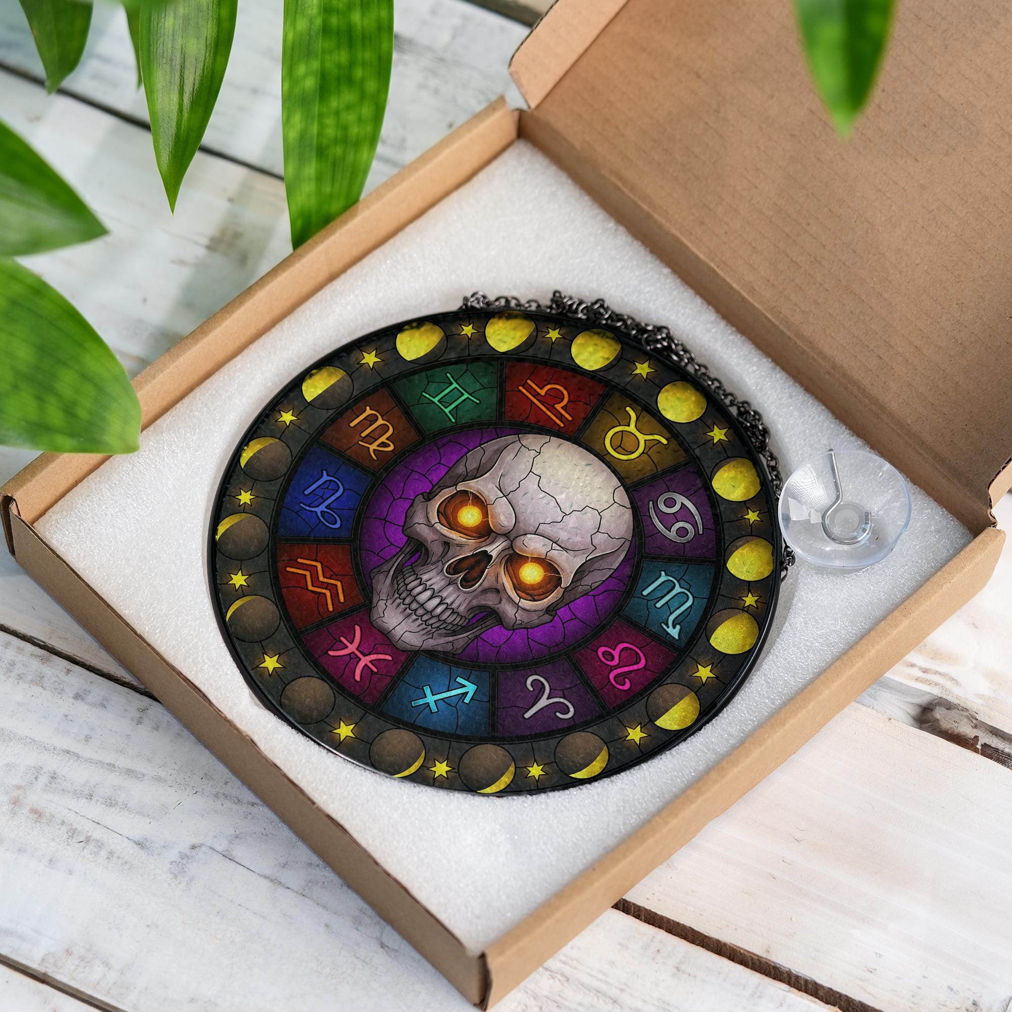 Gothic Zodiac Skull Suncatcher – Stained Glass Window Hanging with Astrology Signs & Moon Phases – Occult Witchy Decor for Spiritual Home