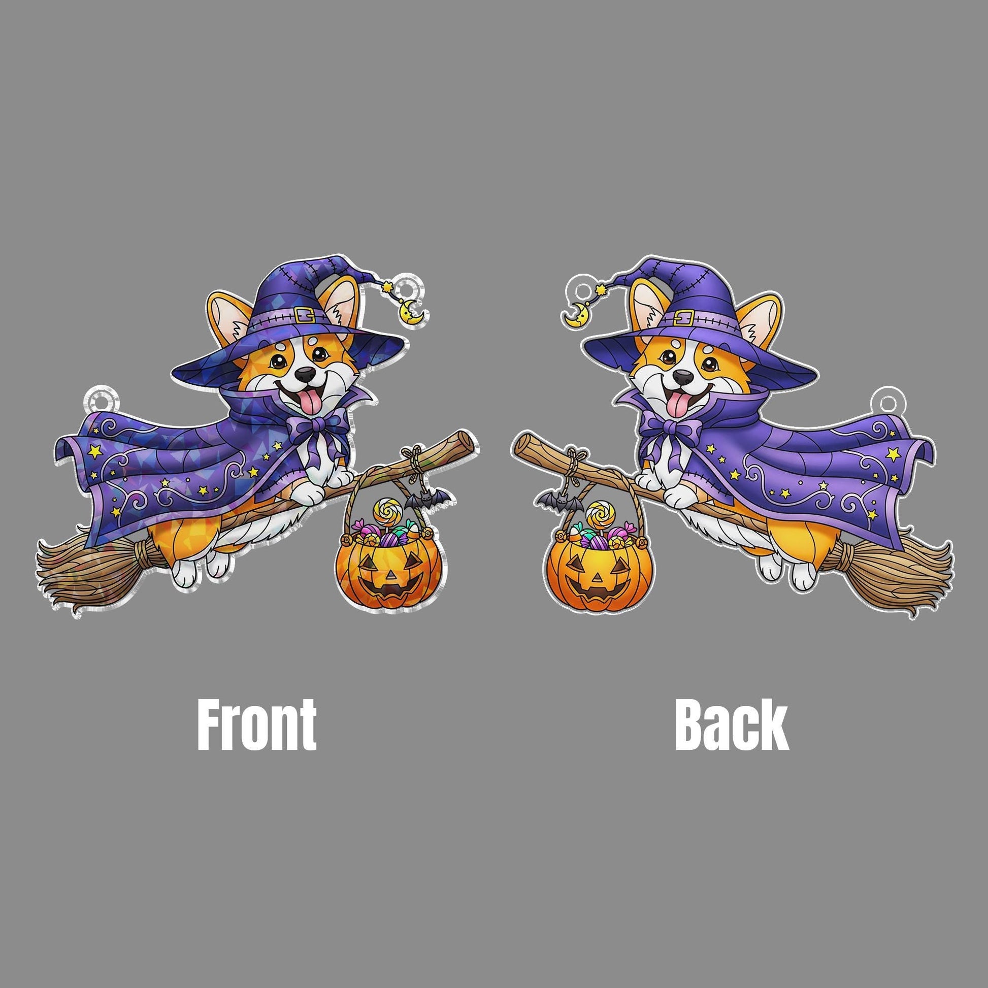 Halloween Corgi Witch Suncatcher – Flying Dog on Broom Window Decor – Cute Fall Pet Gift for Dog Lovers & Halloween Home Decor