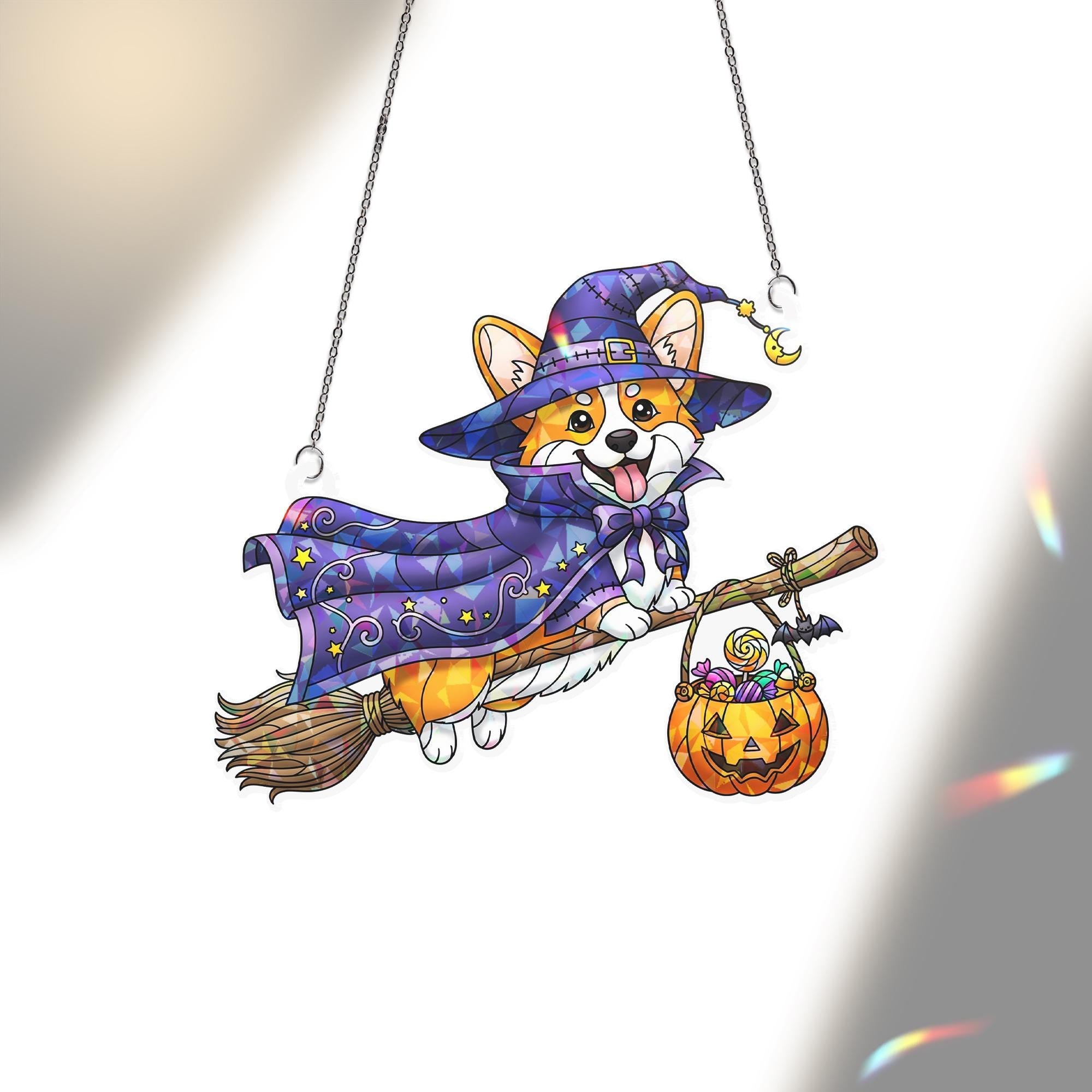 Halloween Corgi Witch Suncatcher – Flying Dog on Broom Window Decor – Cute Fall Pet Gift for Dog Lovers & Halloween Home Decor
