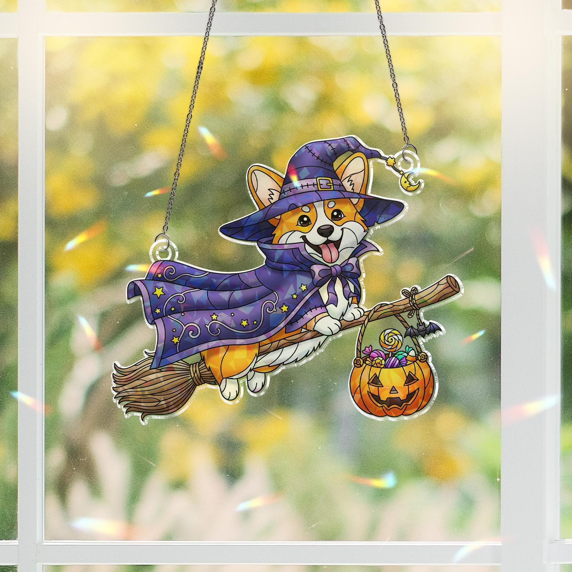Halloween Corgi Witch Suncatcher – Flying Dog on Broom Window Decor – Cute Fall Pet Gift for Dog Lovers & Halloween Home Decor