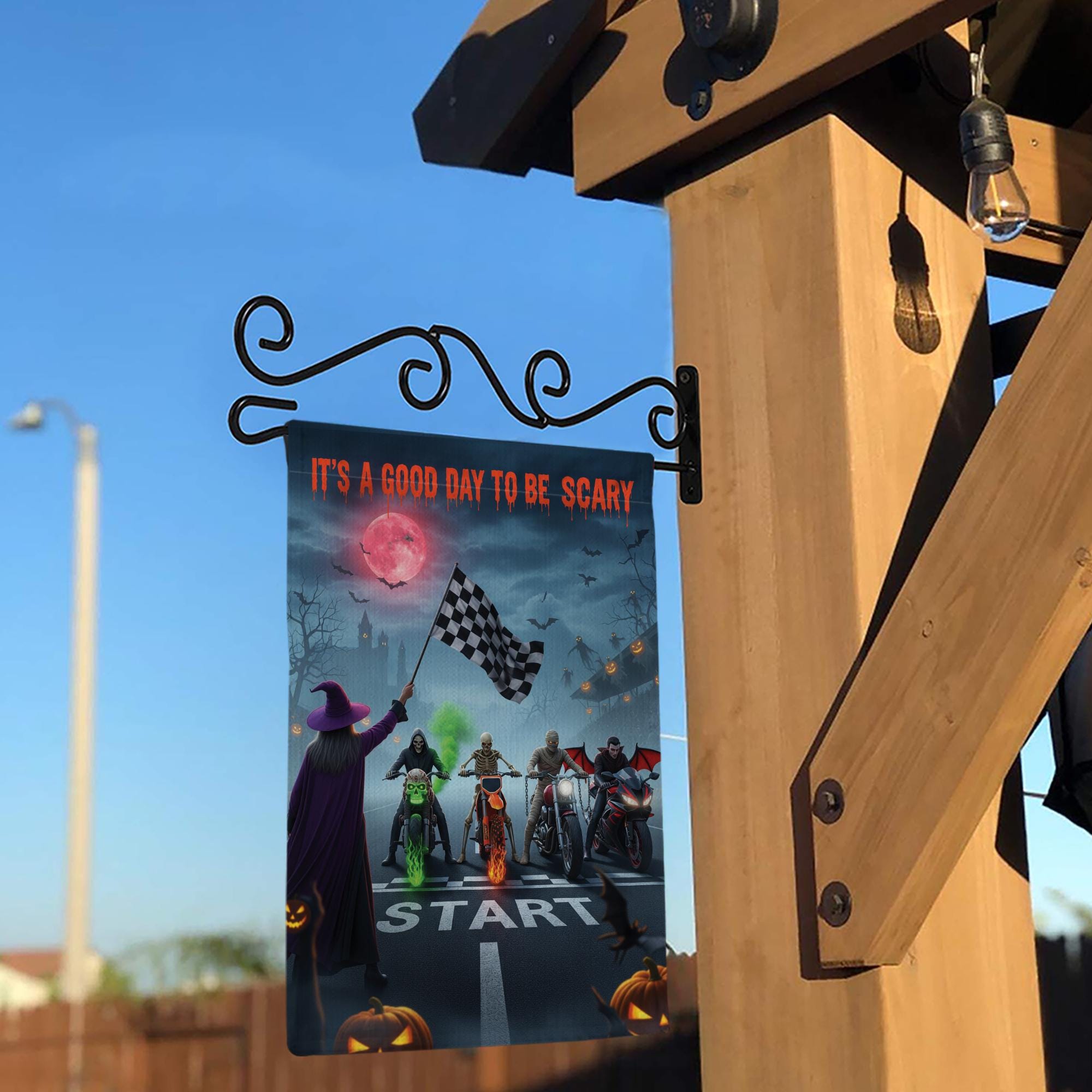 Halloween Biker Garden Flag – Scary Monster Motorcycle Start Line Banner – Spooky Yard Decor with Witch & Bat Scene