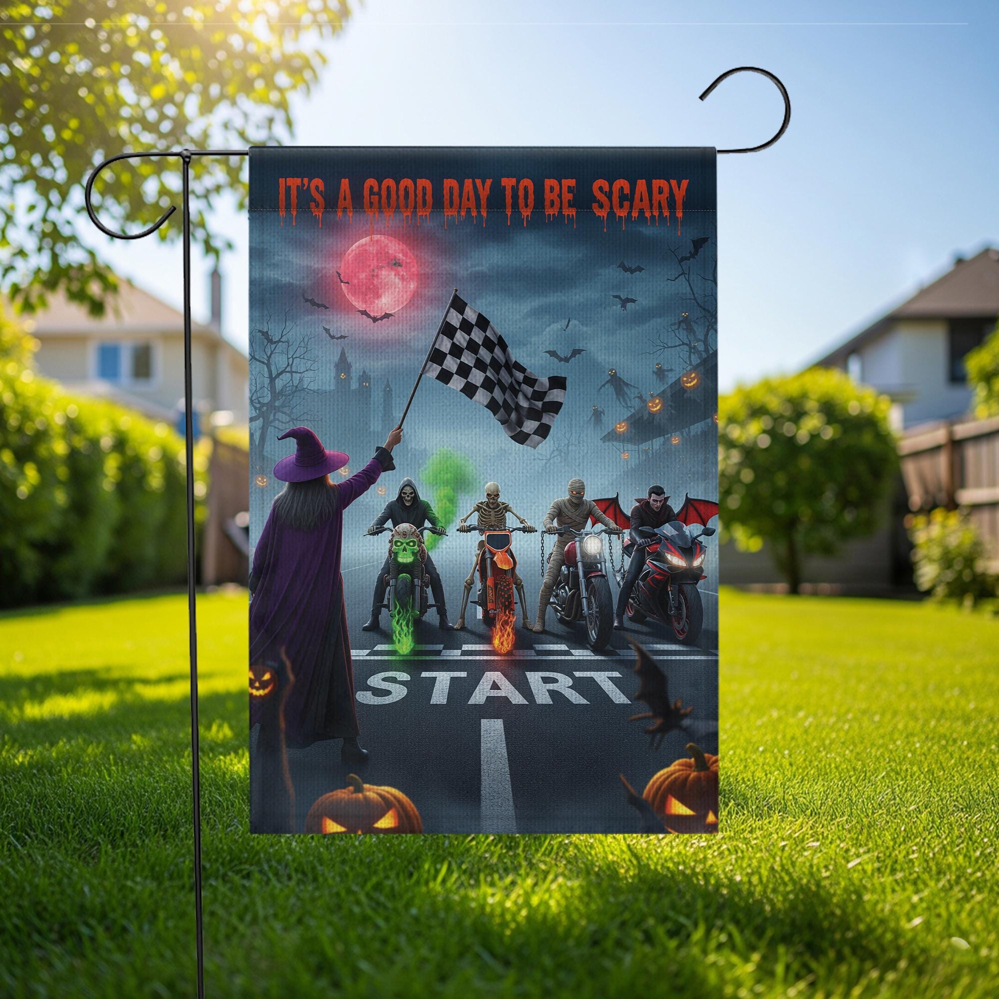 Halloween Biker Garden Flag – Scary Monster Motorcycle Start Line Banner – Spooky Yard Decor with Witch & Bat Scene