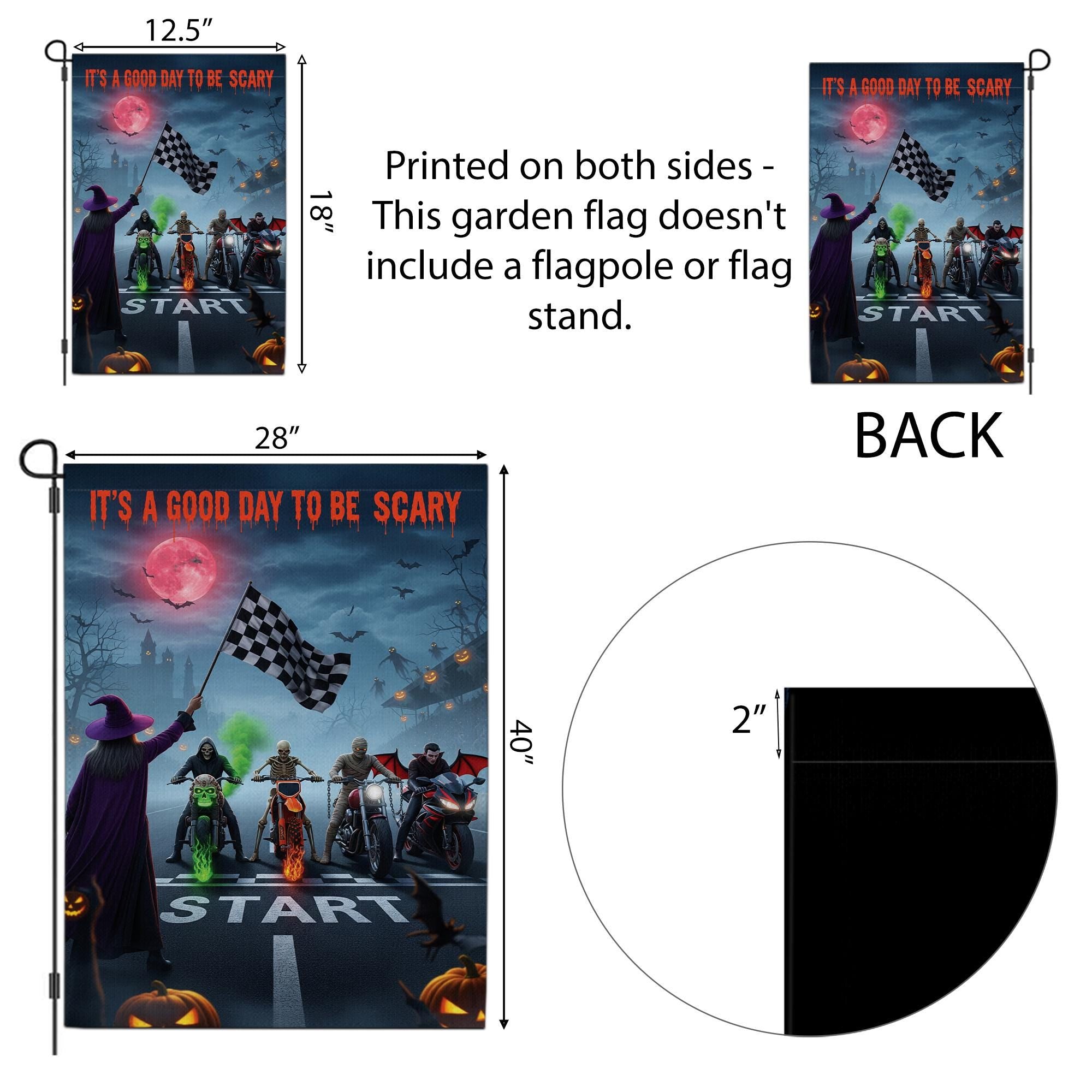 Halloween Biker Garden Flag – Scary Monster Motorcycle Start Line Banner – Spooky Yard Decor with Witch & Bat Scene