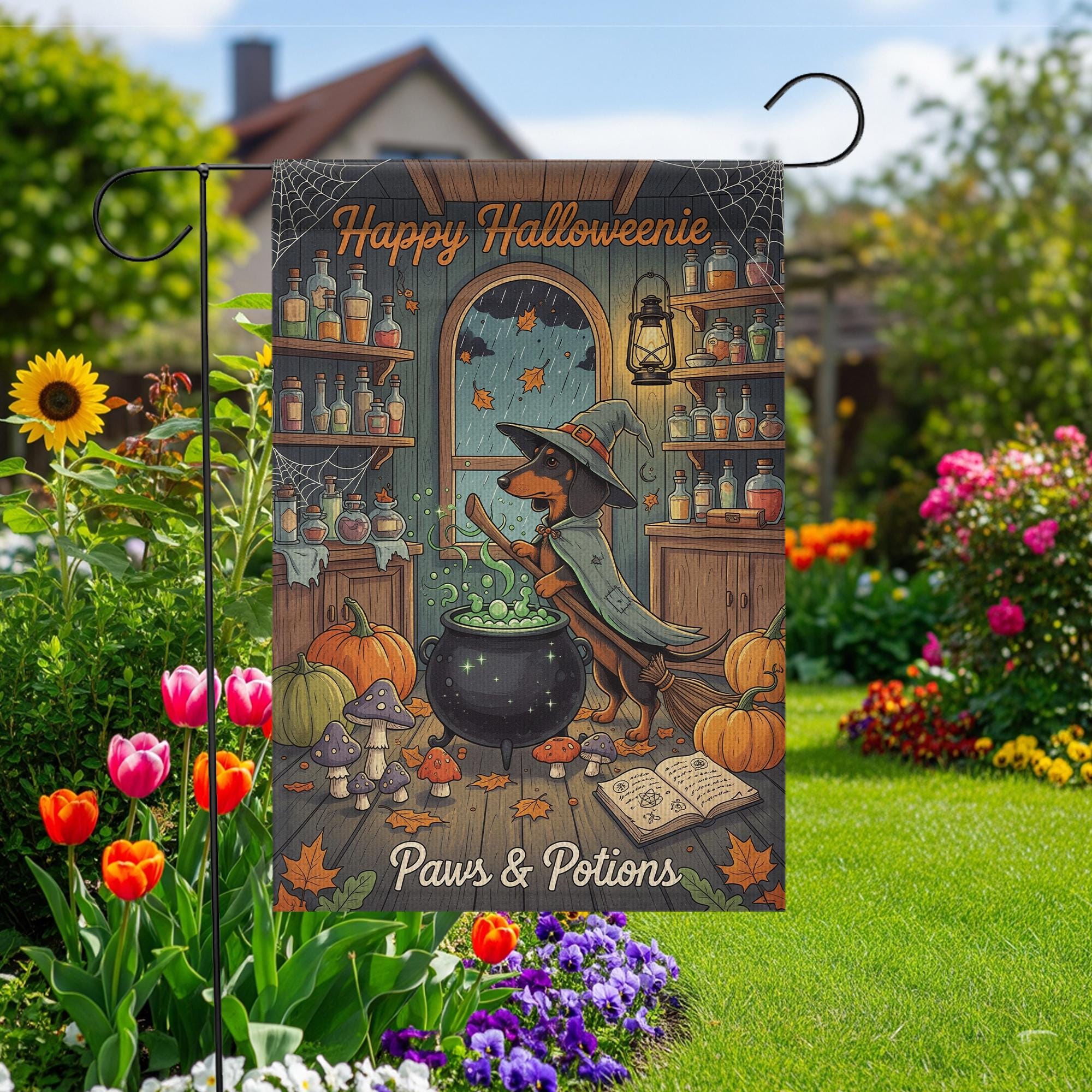 Happy Halloweenie Garden Flag – Witch Dachshund Halloween Decor – Cute Dog Paws & Potions Fall Yard Banner for Halloween Porch