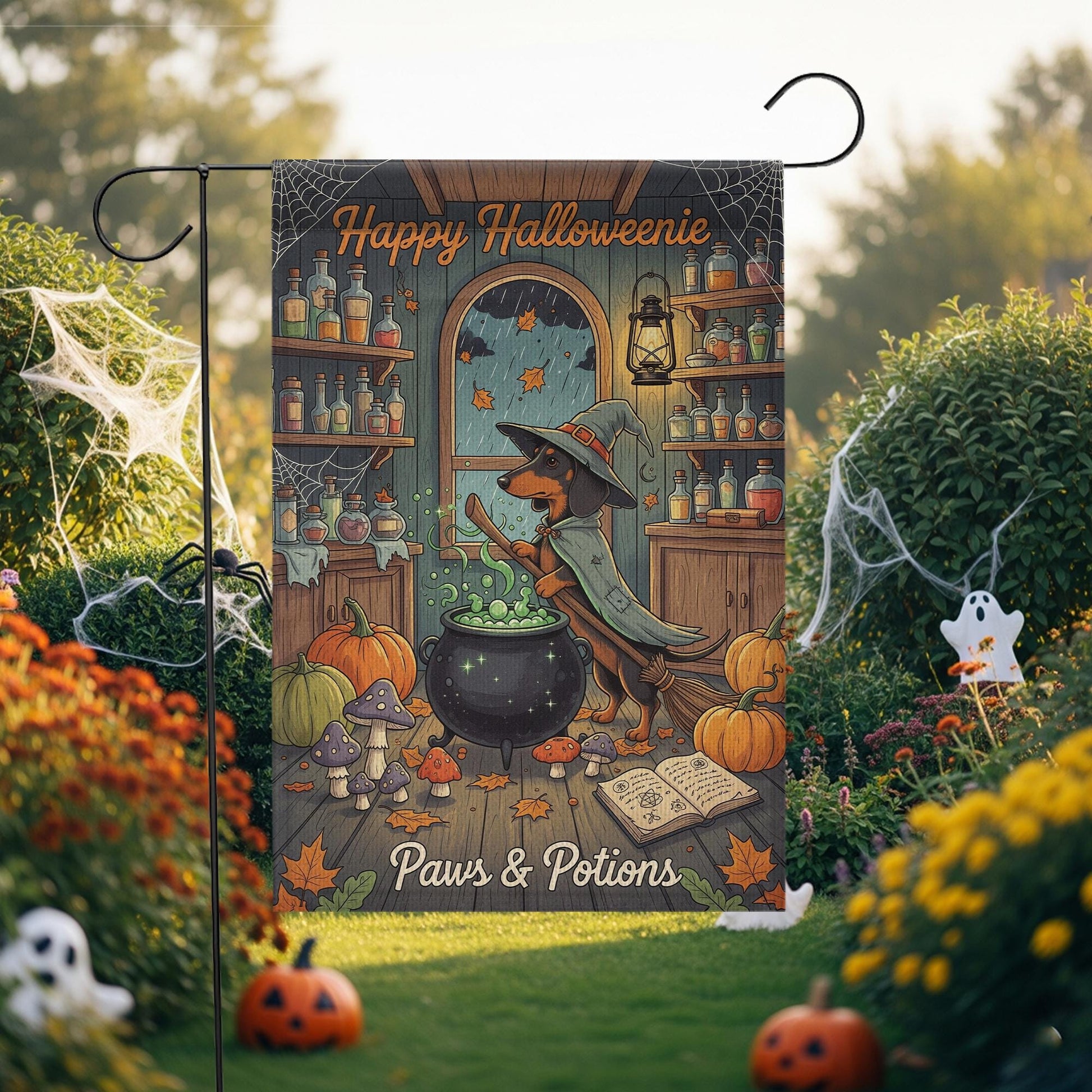 Happy Halloweenie Garden Flag – Witch Dachshund Halloween Decor – Cute Dog Paws & Potions Fall Yard Banner for Halloween Porch