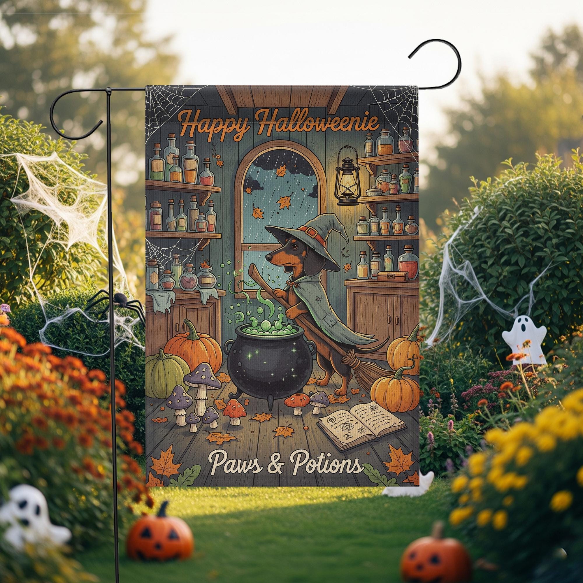 Happy Halloweenie Garden Flag – Witch Dachshund Halloween Decor – Cute Dog Paws & Potions Fall Yard Banner for Halloween Porch