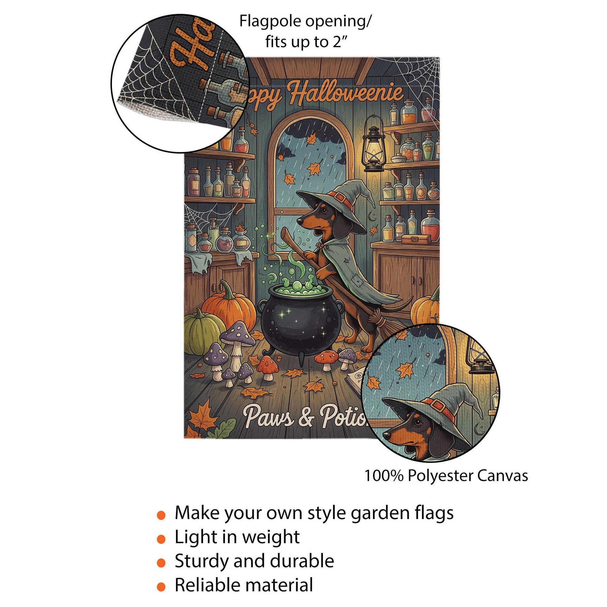 Happy Halloweenie Garden Flag – Witch Dachshund Halloween Decor – Cute Dog Paws & Potions Fall Yard Banner for Halloween Porch