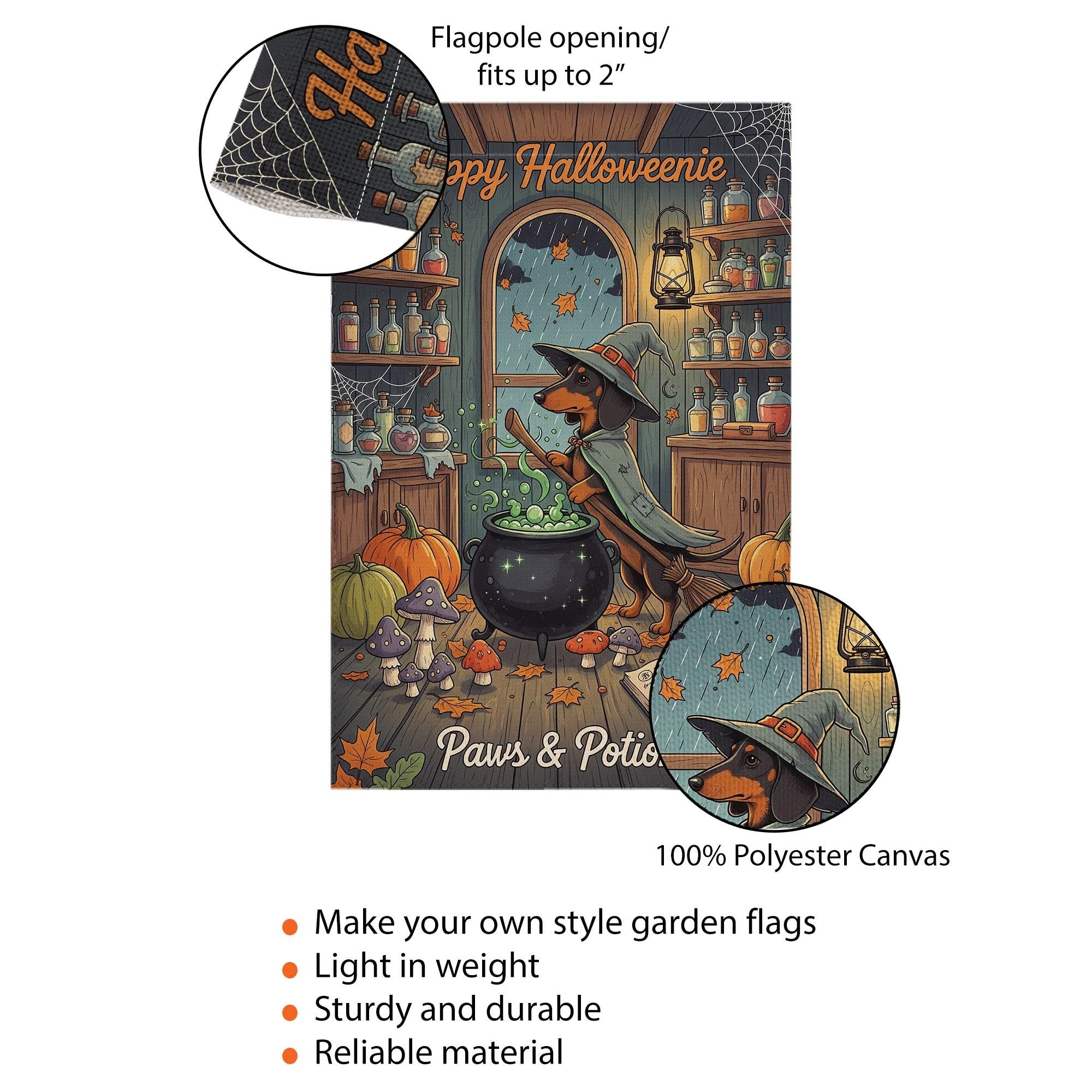 Happy Halloweenie Garden Flag – Witch Dachshund Halloween Decor – Cute Dog Paws & Potions Fall Yard Banner for Halloween Porch