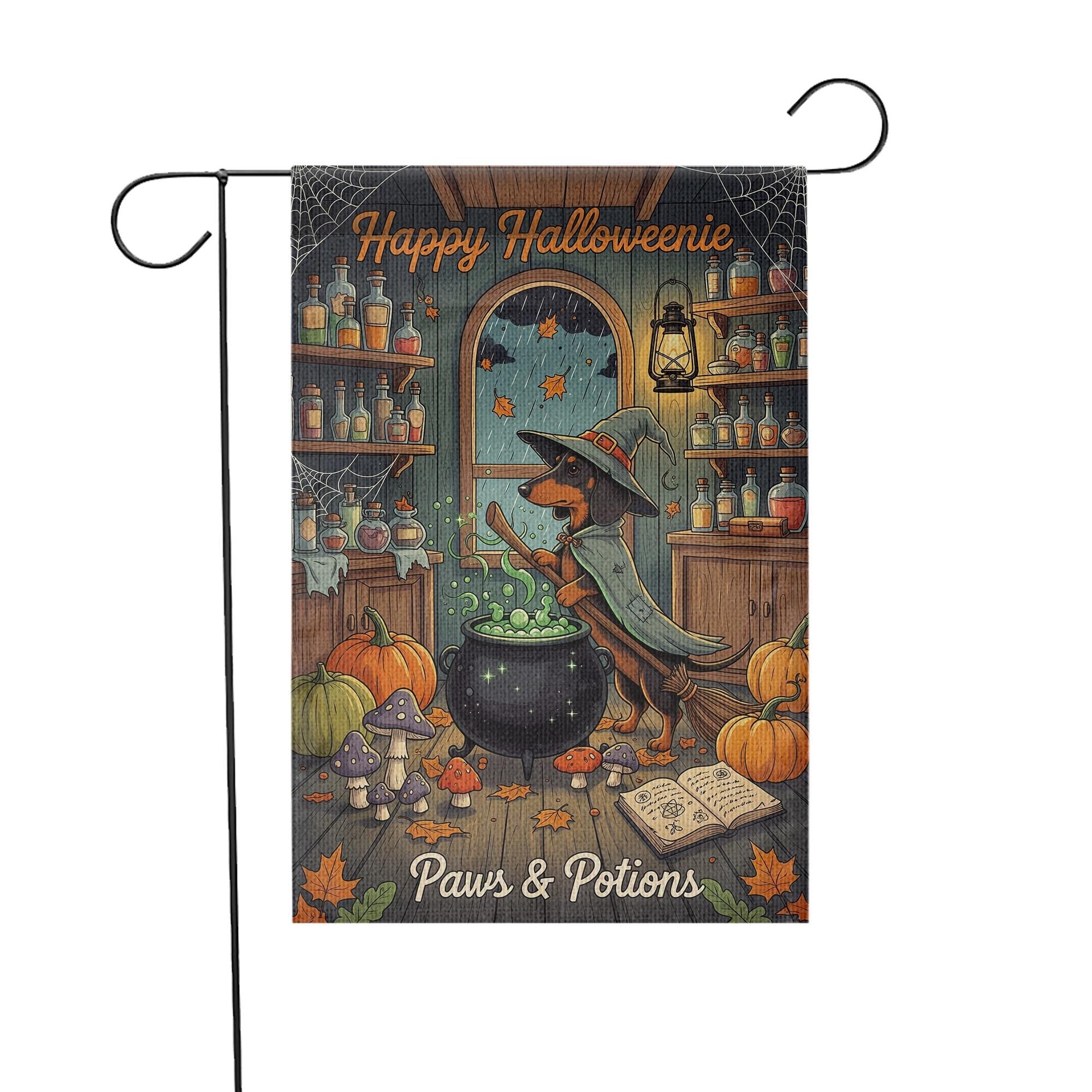 Happy Halloweenie Garden Flag – Witch Dachshund Halloween Decor – Cute Dog Paws & Potions Fall Yard Banner for Halloween Porch