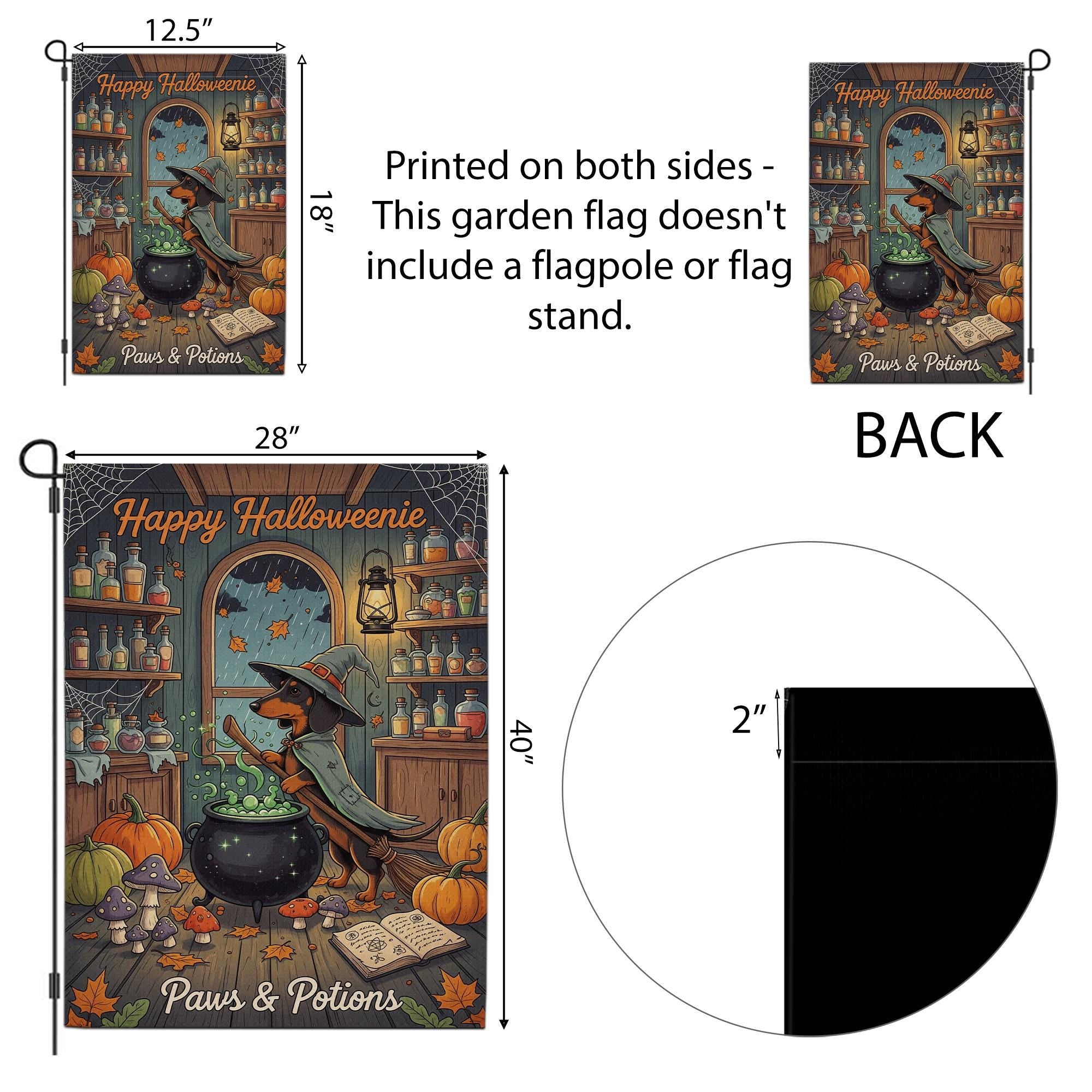 Happy Halloweenie Garden Flag – Witch Dachshund Halloween Decor – Cute Dog Paws & Potions Fall Yard Banner for Halloween Porch