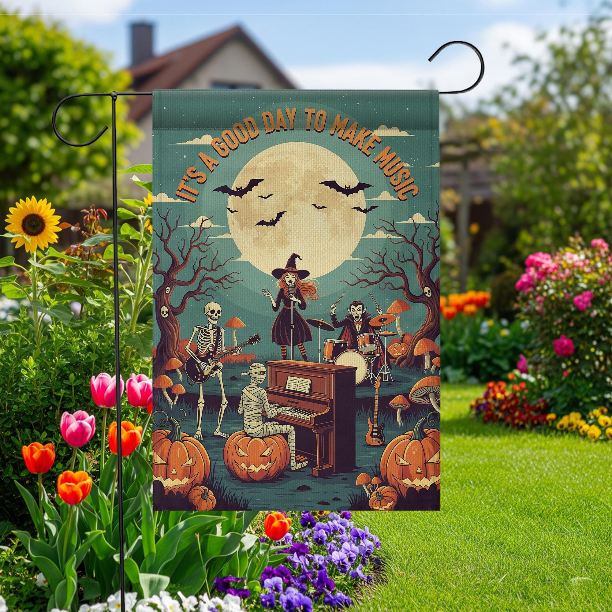 Halloween Music Garden Flag – Spooky Band with Skeletons, Witch, and Mummy – Musical Pumpkin Yard Decor for Fall Porch Display
