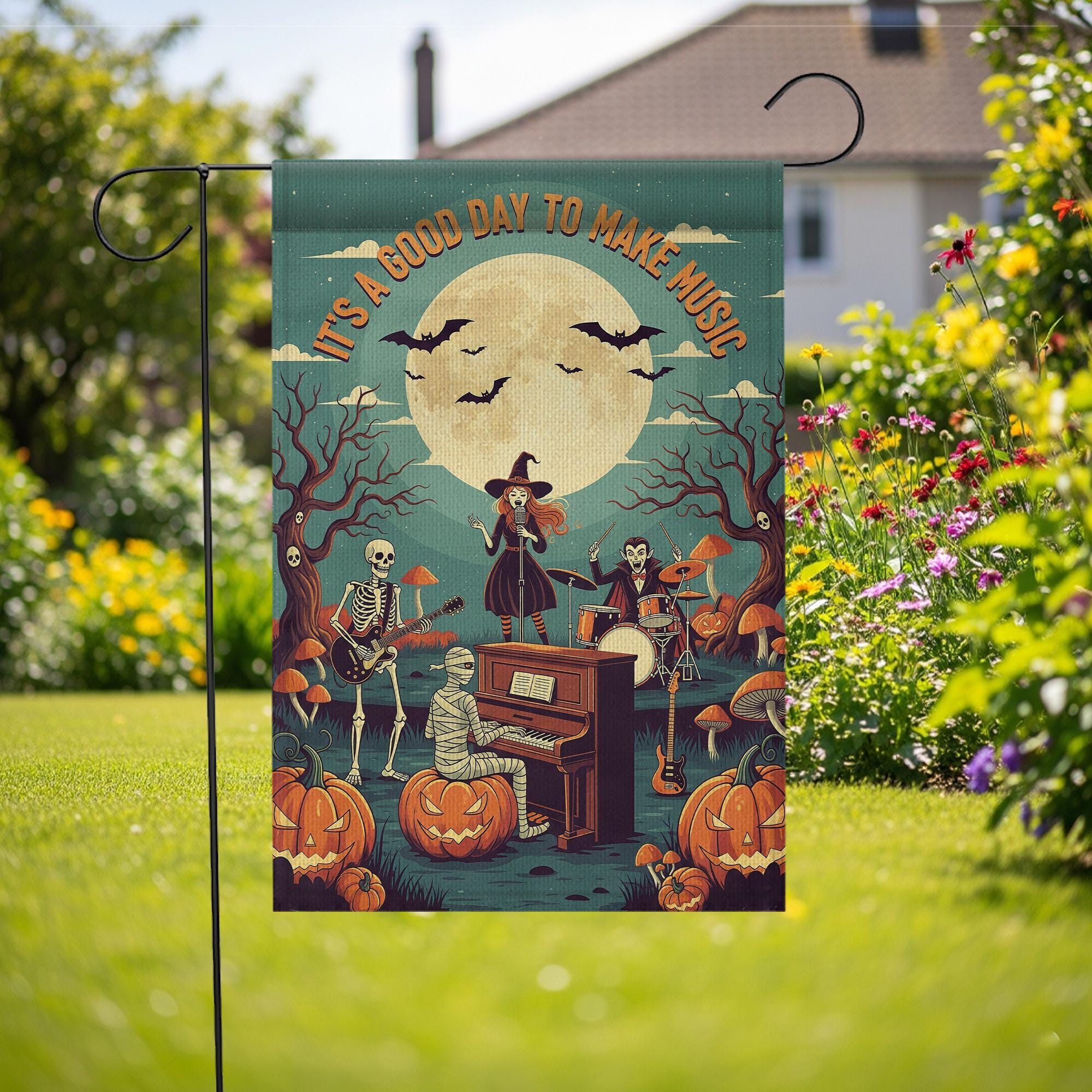 Halloween Music Garden Flag – Spooky Band with Skeletons, Witch, and Mummy – Musical Pumpkin Yard Decor for Fall Porch Display