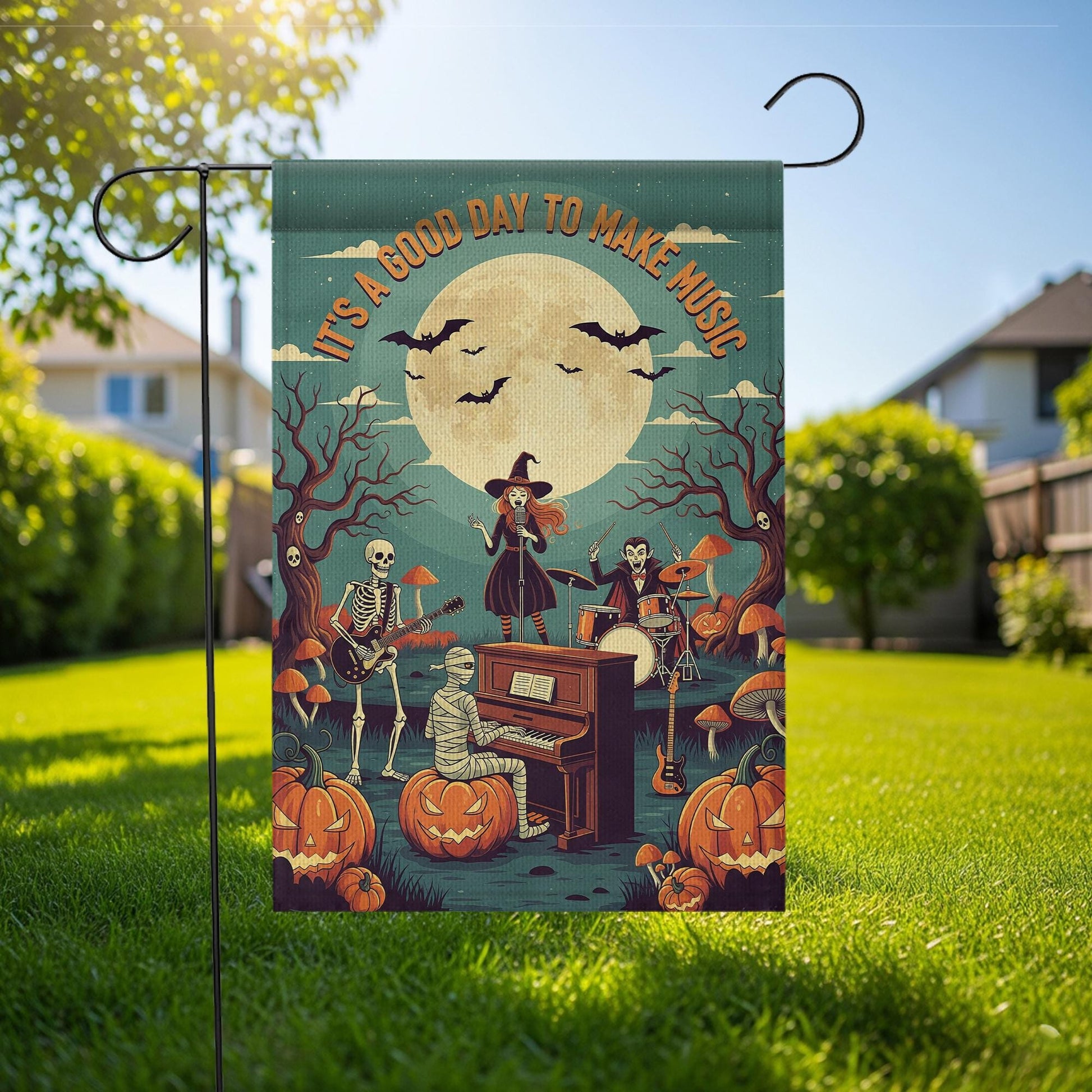 Halloween Music Garden Flag – Spooky Band with Skeletons, Witch, and Mummy – Musical Pumpkin Yard Decor for Fall Porch Display