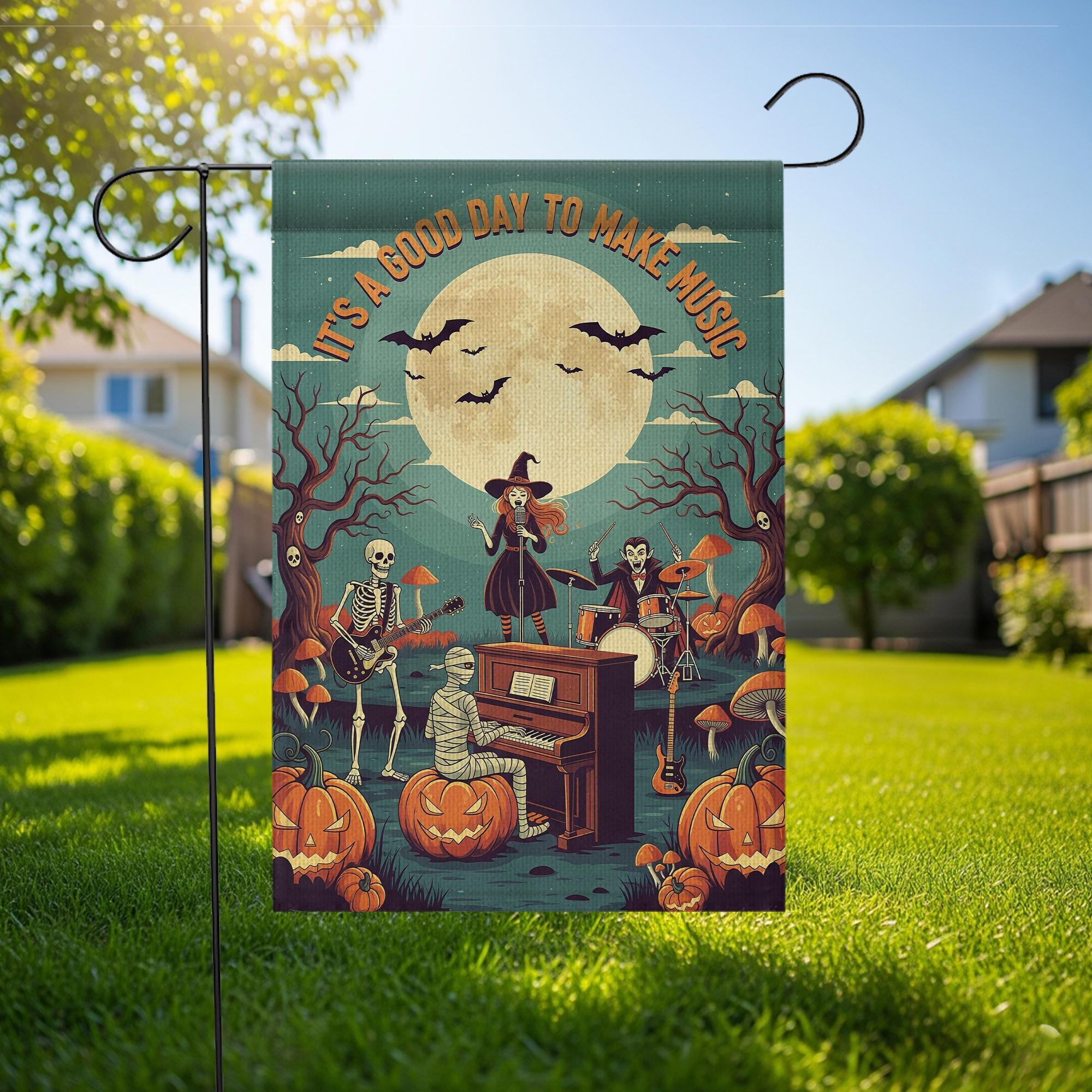 Halloween Music Garden Flag – Spooky Band with Skeletons, Witch, and Mummy – Musical Pumpkin Yard Decor for Fall Porch Display