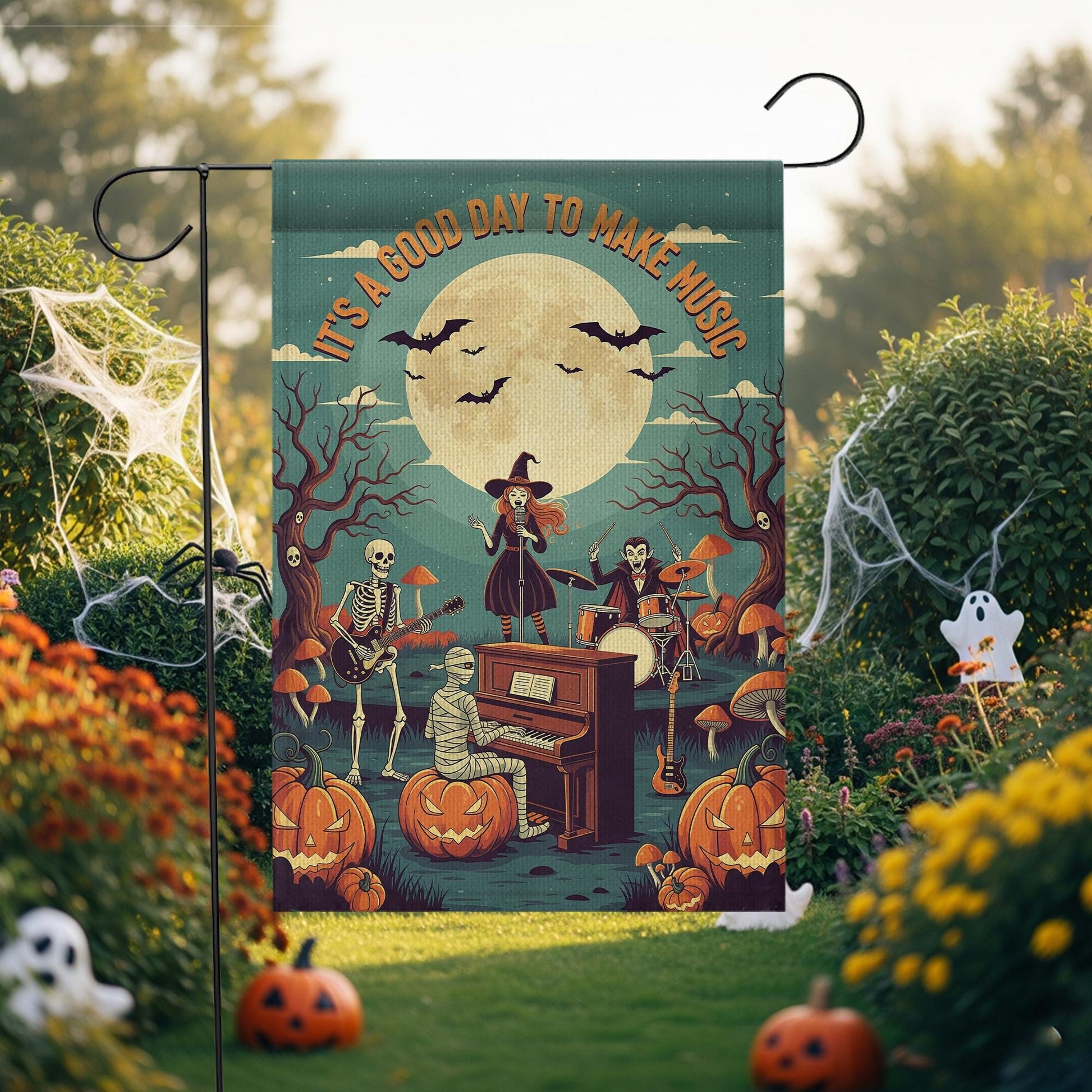 Halloween Music Garden Flag – Spooky Band with Skeletons, Witch, and Mummy – Musical Pumpkin Yard Decor for Fall Porch Display