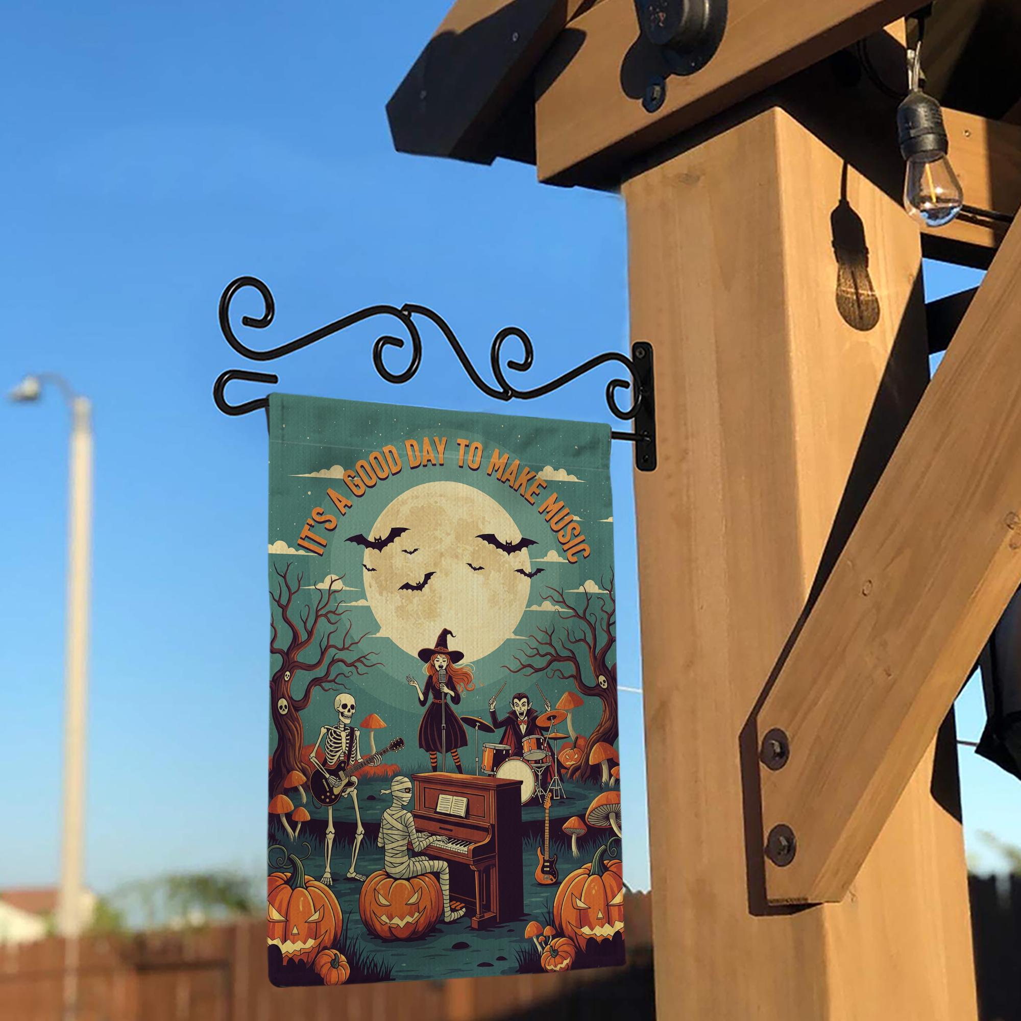 Halloween Music Garden Flag – Spooky Band with Skeletons, Witch, and Mummy – Musical Pumpkin Yard Decor for Fall Porch Display