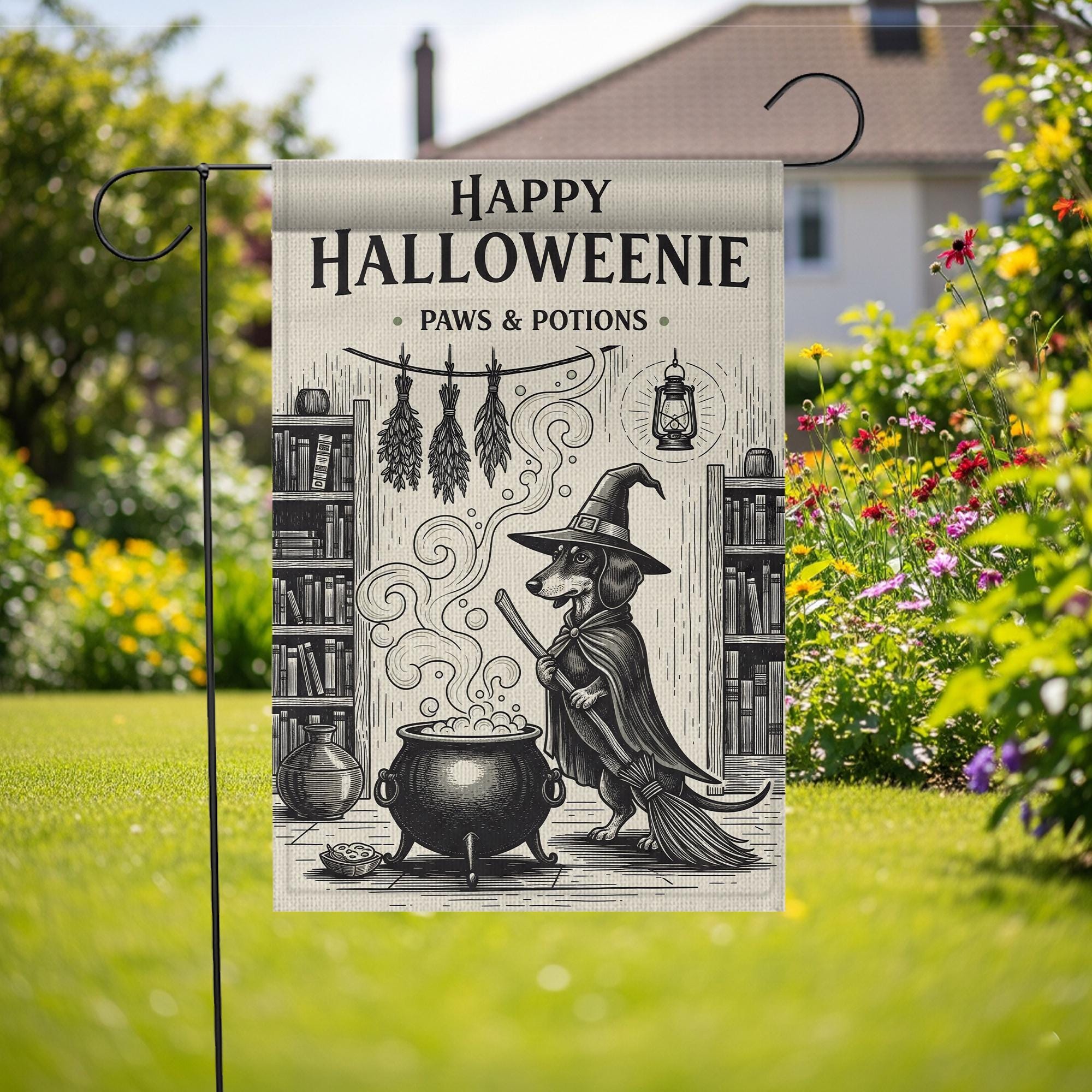 Happy Halloweenie Garden Flag – Vintage Witch Dachshund Fall Decor – Paws & Potions Halloween Yard Banner for Dog Lovers
