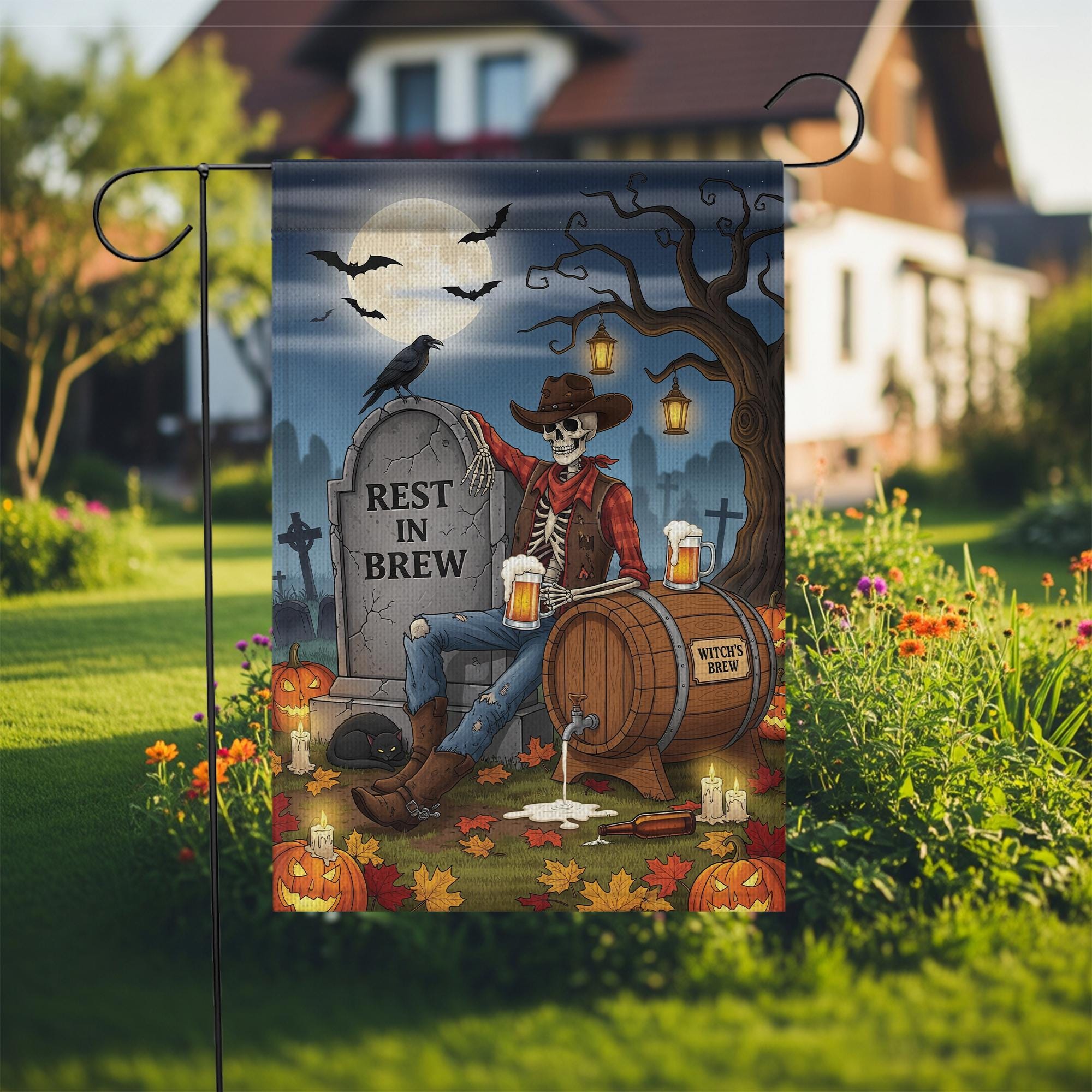 Rest In Brew Halloween Garden Flag – Skeleton Cowboy Beer Decor – Funny Fall Yard Sign with Witch’s Brew & Tombstone Scene