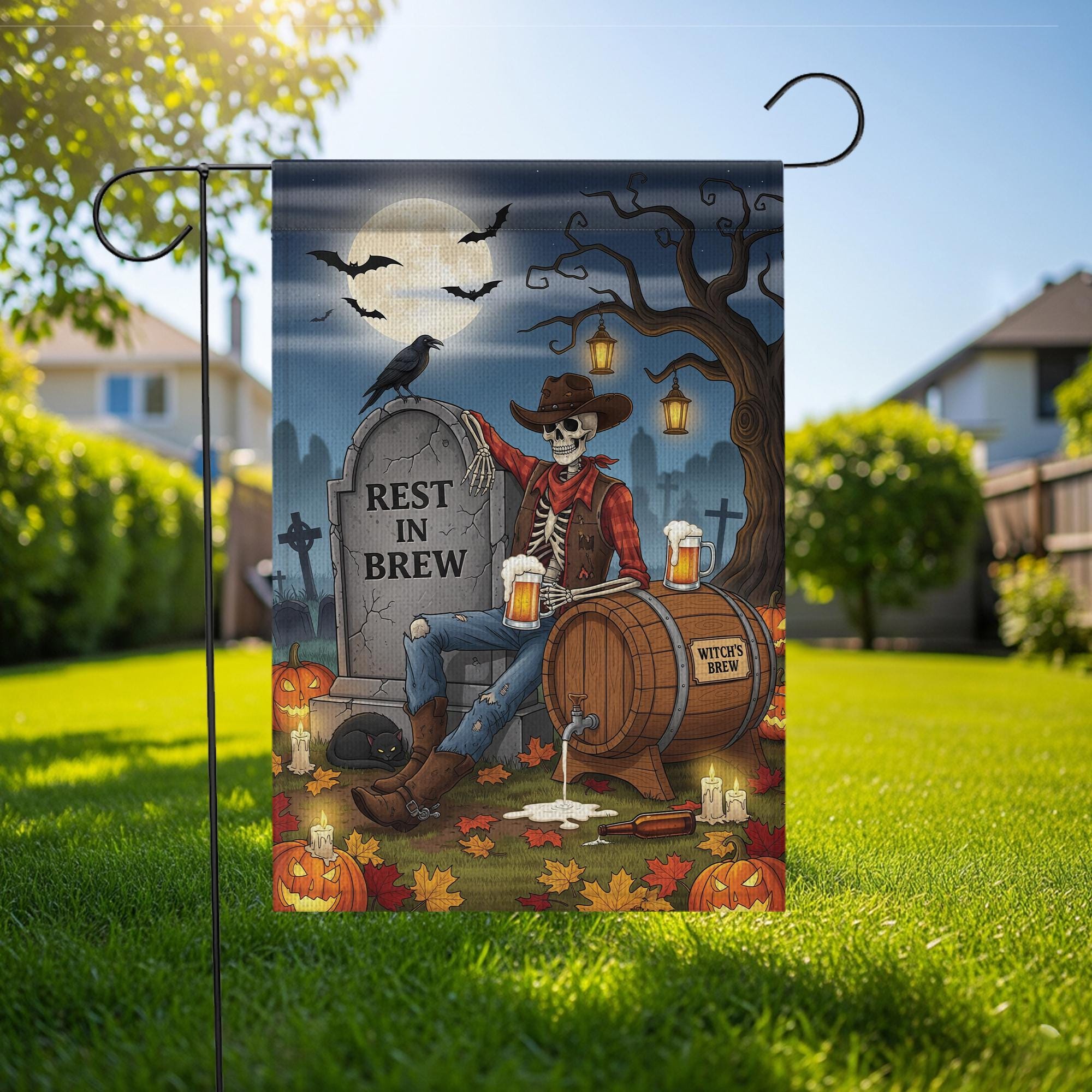 Rest In Brew Halloween Garden Flag – Skeleton Cowboy Beer Decor – Funny Fall Yard Sign with Witch’s Brew & Tombstone Scene