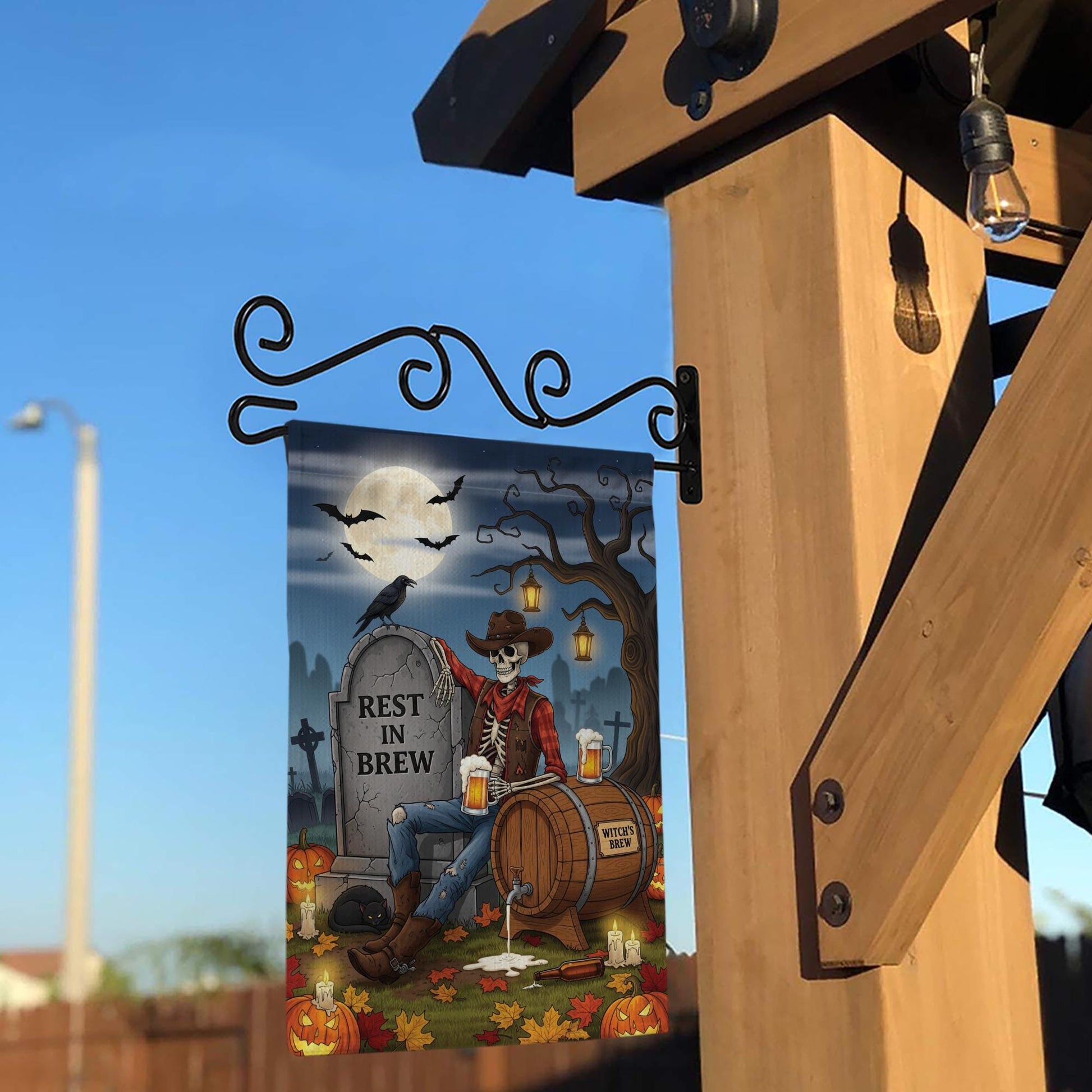 Rest In Brew Halloween Garden Flag – Skeleton Cowboy Beer Decor – Funny Fall Yard Sign with Witch’s Brew & Tombstone Scene
