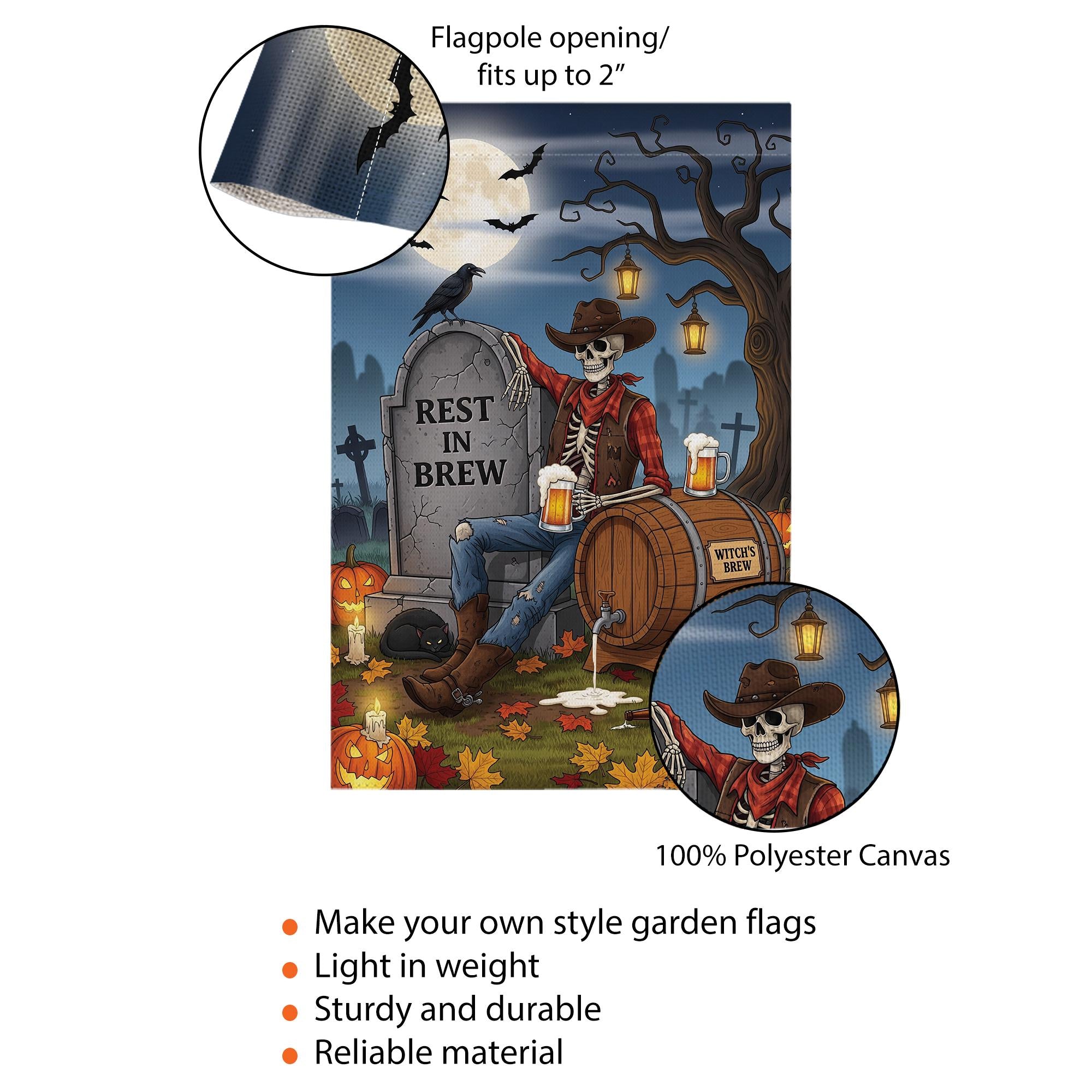 Rest In Brew Halloween Garden Flag – Skeleton Cowboy Beer Decor – Funny Fall Yard Sign with Witch’s Brew & Tombstone Scene
