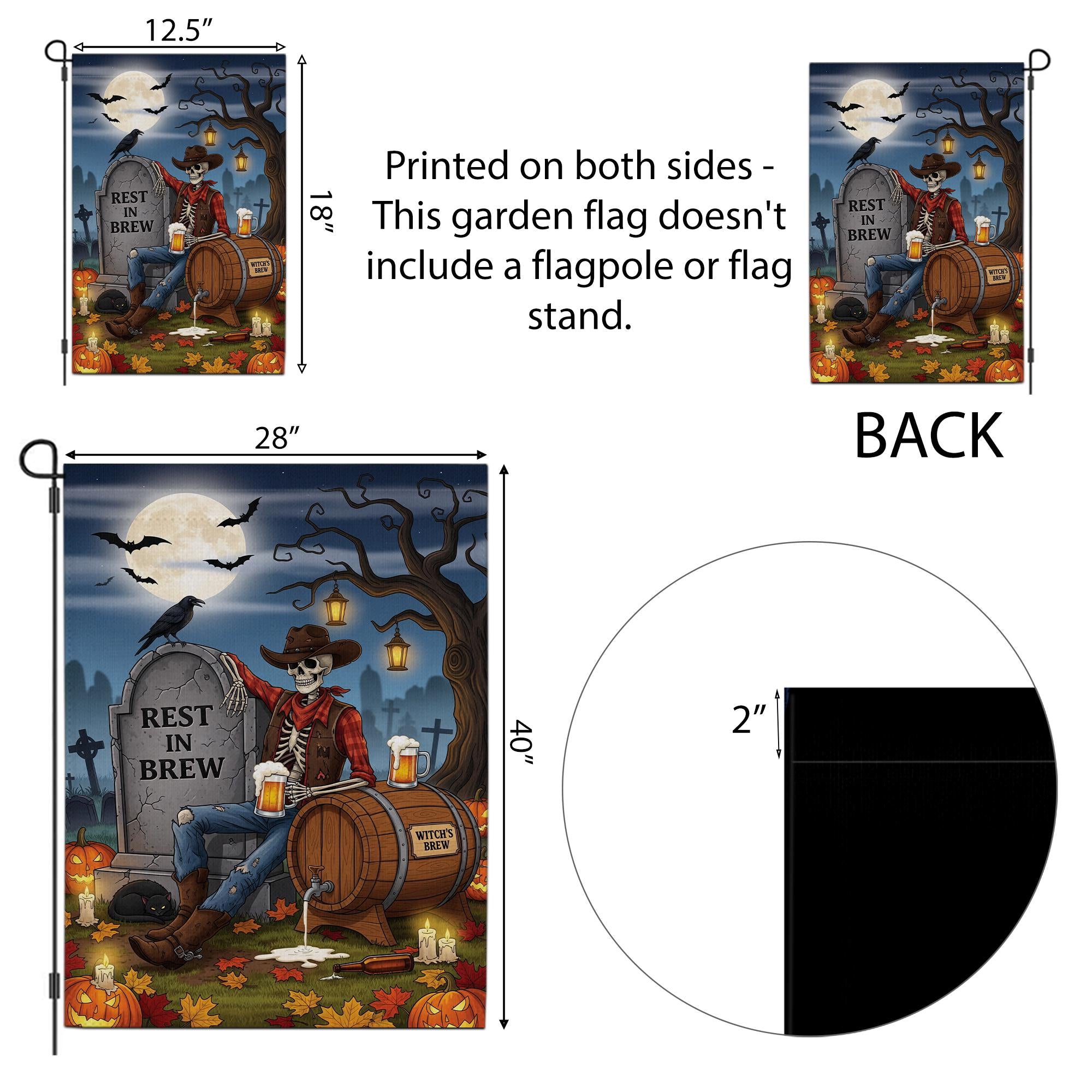 Rest In Brew Halloween Garden Flag – Skeleton Cowboy Beer Decor – Funny Fall Yard Sign with Witch’s Brew & Tombstone Scene